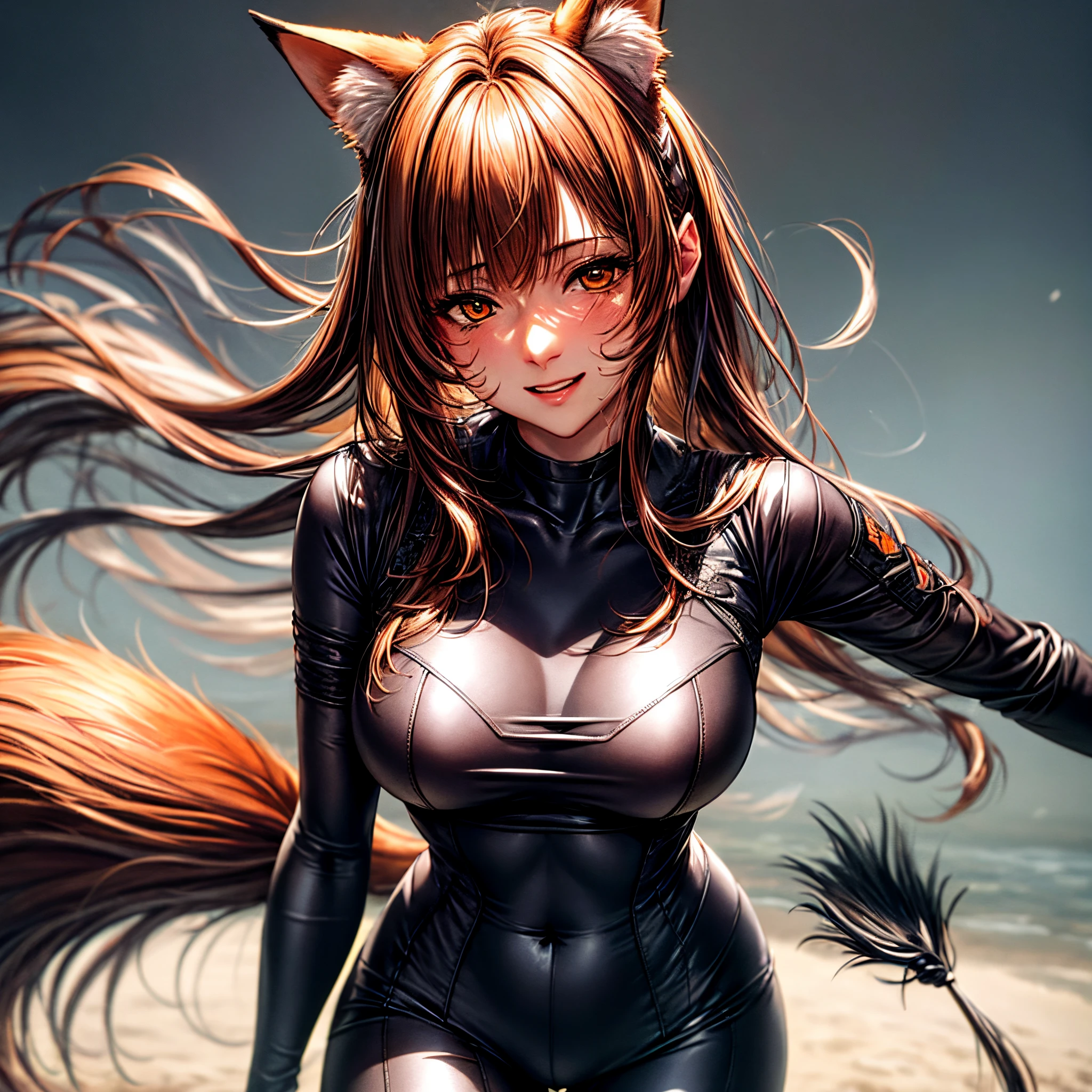 Best quality at best, masterpiece, A high resolution, 8k、intricate-detail、top-quality、ultra-detailliert、The best lighting、Best Shadows、Soft lighting、Ultra HD,solo, orange eyes, big breasts, bangs, brown hair, brave,25 years old,detailed face,detailed orange eyes,ssmile,cowboy shot,brown fox ears,one brown fox tail,gantz suit,chubby body,round face,tight suit