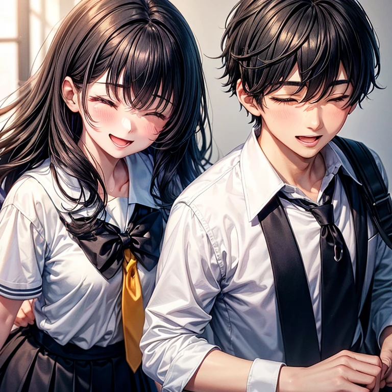 1 boy, 1 girl, same hair colors, black hair, school uniform, highschool, white sneaker, smiling brightly, blushing, mouth open, talking, closed eyes, highly detailed, high quality, lovely atmosphere, best quality, (masterpiece), wallpaper, face to face.