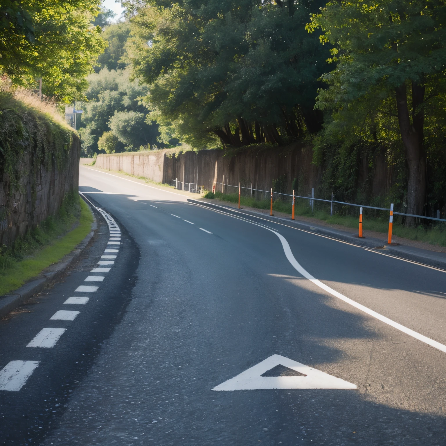 Fork in the road at T-junction,There are walls on both sides of the fork in the road