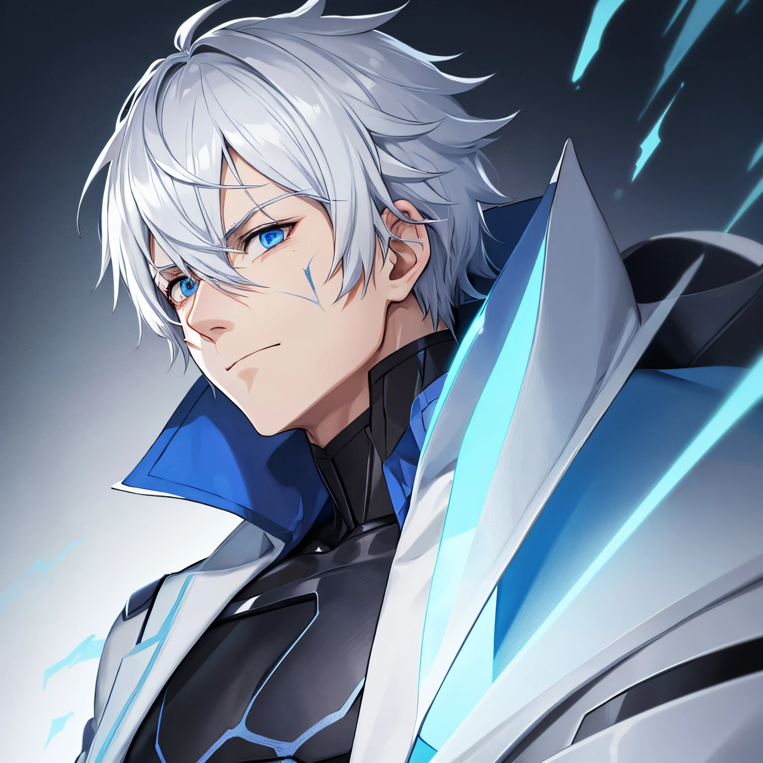 “bad anime, white hair with light blue ends, a black blindfold, a scar over his nose, a vertical scar on the right side of his lips, a blue compression shirt, and a grey cape. He is crossing his fingers. A lot of scars in his face. Scars.”