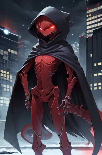 girl, night, snowy city, slender, red hair, small breasts, special forces, red glowing stealth body suit, poncho, hood, mechanical digitigrade legs, red glowing eyes,((extreme Protruding hip bones)), furry tail, ((extreme protruding rib bones)), lace underwear, holster on hip,