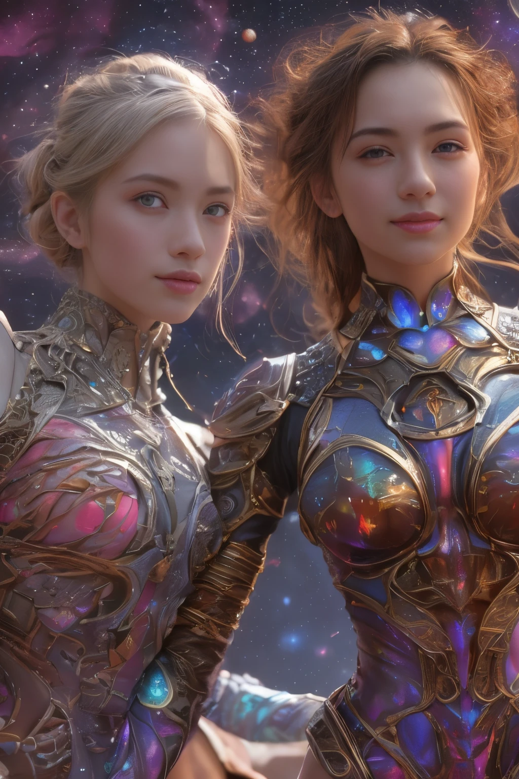 (Two beautiful teenage italian girls:1.6), Close friends, (They are hugging each other:1.2), Kiss her cheek or chest,(Detailed iridescent bodysuit with beautiful fractal or marble design:1.5), Incredible and spectacular scenes, ((High quality)), ((Detailed)), ((Fantasy)), Blue Plasma Brain, Green Plasma Body, Showing her armpits, beutiful breast,  obscenity, (Lewd smile:1.2), coarse, Obscene,  (Immoral:1.2), Lachish, (small breasts with beautiful raised pink areolas,:1.5), (Cameltoe), (Expression of ecstasy:1.2), Photorealistic, Official art, Unity 8K Wall , 8K Portrait, Best Quality, Very high resolution, (Incredibly beautiful nature background:1.6), (16 years old:1.5), (Sexy and glamorous:1.1), (A coquettish expression:1.6), (seductively smiling:1.6),  (erotic posing:1.9), (Model Posing:1.8), Beautiful seductive face, Portrait, (Thick eyebrows:1.4), (Big scarlet eyes:1.6), Beautiful eyes with fine symmetry, (Ultra detailed eyes:1.4),(Highly detailed face and eyes:1.7), (High-resolution red-eye:1.8), Intimate face, (ultra detailed skin texture:1.4), White skin, pale skin, Perfect Anatomy, Thin, (Beautiful toned body:1.5), Highly detailed hair,  (Moist skin:1.2), No makeup, (dark circles:1.1), Good anatomy, Focus Face, good-looking, (Emilia Clark:0.6) (Emma watson:0.3),(Jennifer Connelly:0.4),  Elegant face, Nice,  (A delicately crafted necklace is wrapped around her neck.), (Bioluminescence with brilliant brilliance:1.4), (Luminous magic circle:1.5), Ruins of an ancient castle, Shining majestic cloud masses and sky, lightning bolt, Epic Realistic, (Greg Rutkowski:0.8), (teal and orange:0.4), (Art Station:1.5), Cinematic, (NSFW:1.2),  Hyper Detailed, Dramatic light, (Intricate details:1.1), Beautiful black hair,　(Wearing a gauntlet with a dense and very beautiful design decorated with jewels:1.1), Small chest, Galaxy, (nebulas:1.6), The Dark Knight, Fully armored body focus
