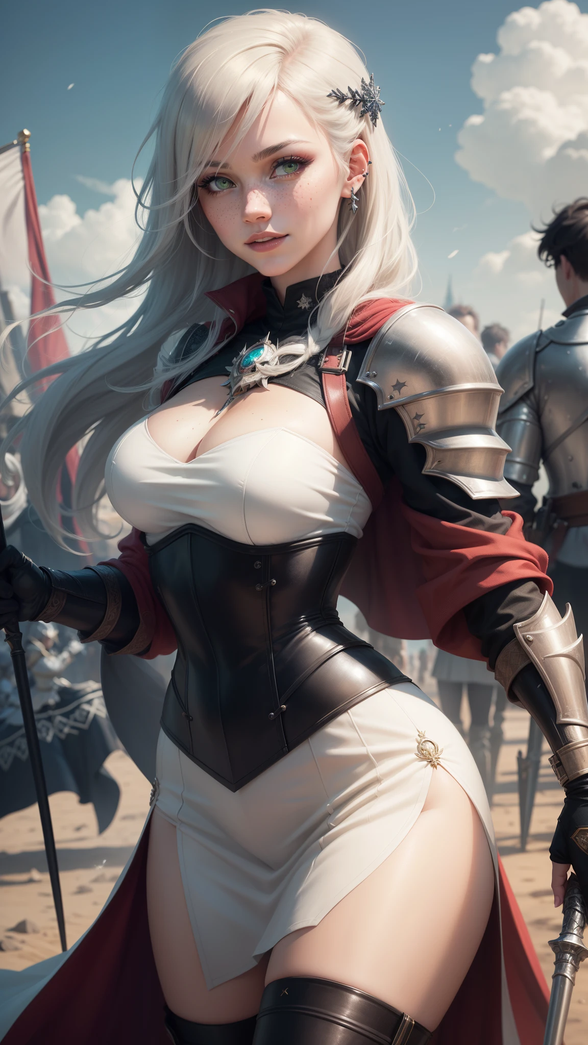 gwen tennyson,yorha 2b,tracer,claire farron,overwatch,atelier ryza,close up,castle siege battle,tattoos,red and white plugsuit,white short sleeve knight top,short sleeve knight full plate armor,long knight skirt,steel knight corset,long hair,princess makeup,green eyes,multicolored silver hair,long dress train,sexy smile, freckles,beautiful girl,silver thigh high boots,large breasts,8k,ultra detailed,realistic,fantasy art,silver knight uniform,queen gown dress,hair pin,ear piercings,snowflake hand and neck jewelry,(weather:battlefield),1girl,long scarlet knight coat,holding a flag spear, ready for battle,fighting,