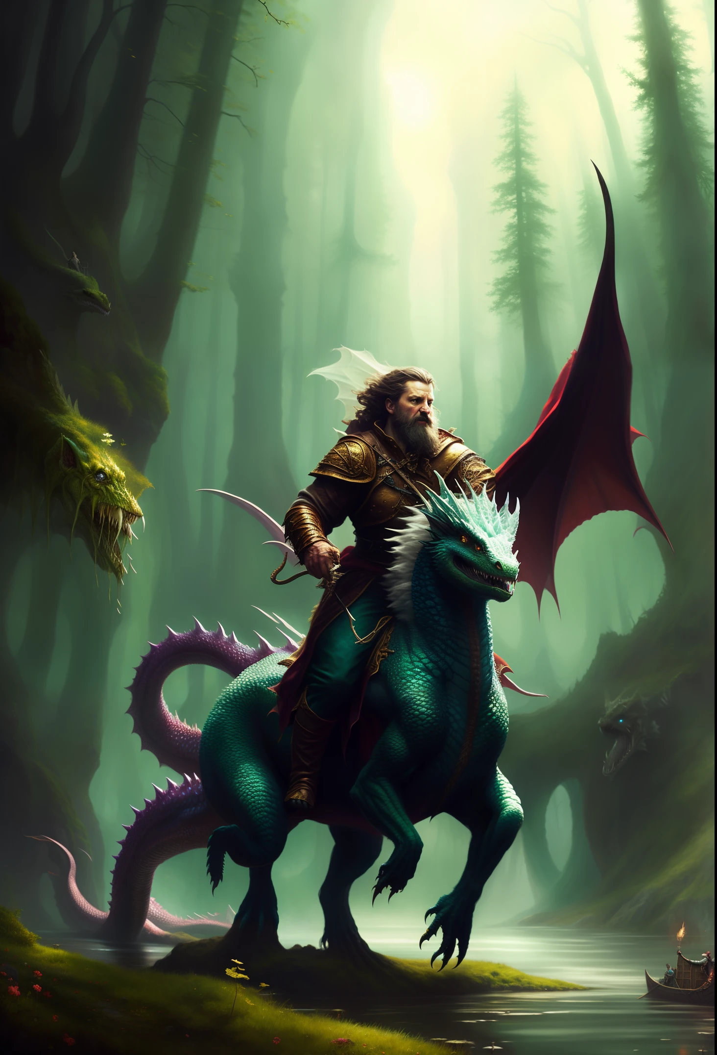 Painting of Santa riding a dragon with a man on it, fat dragon with rider, Riding a dragon, Гиперреалистичный D & D Фэнтезийное искусство, Dragon Rider, DND Fantasy Art, realistic fantasy illustration, Tolkien and Michael Komark, dungeons and dragons fantasy art, D & D Fantasy Digital Painting, realistic fantasy artwork, tuomas korpi and wlop