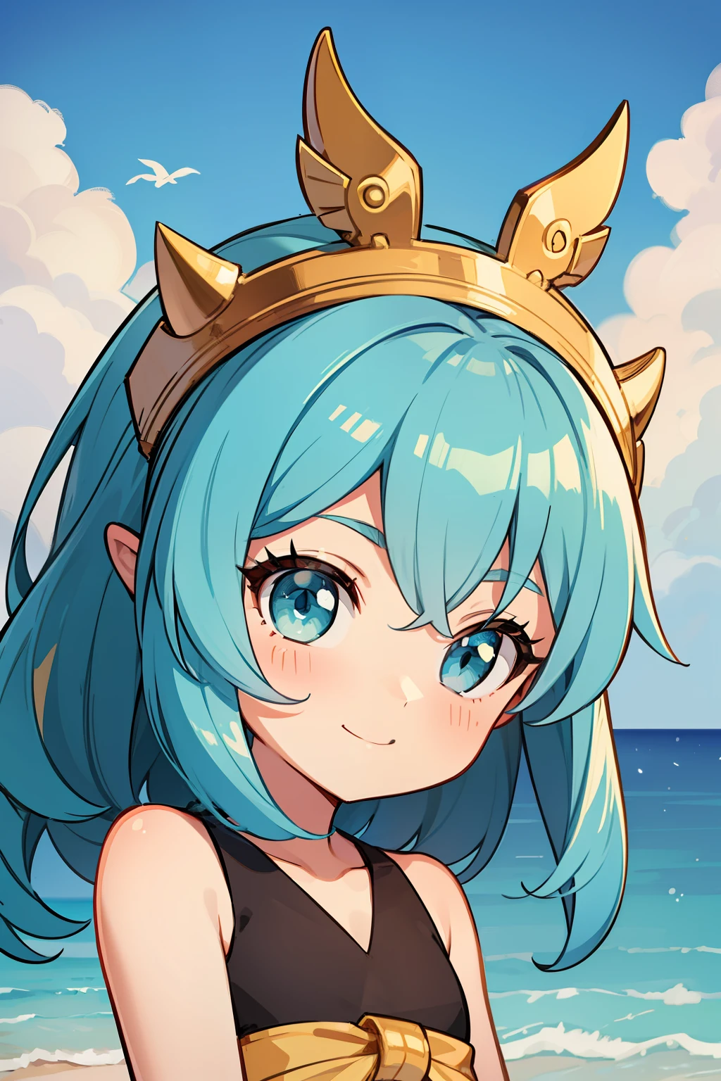 (high-quality, breathtaking),(expressive eyes, perfect face) 1girl, girl, solo, young ???, child, chibi, toddler, medium blue hair, green coloured eyes, stylised hair, gentle smile, medium length hair, loose hair, side bangs, curley hair, really spiky hair, spiked up hair, looking at viewer, portrait, ancient greek clothes, blue black and white tunic, white Chlamys, sleeveless, greek, blue and gold sash, ocean background, ribbons accessory in hair, slightly narrow eyes, baby face, baby body, small body, small head, baby, 36½ inches tall, chibi art style