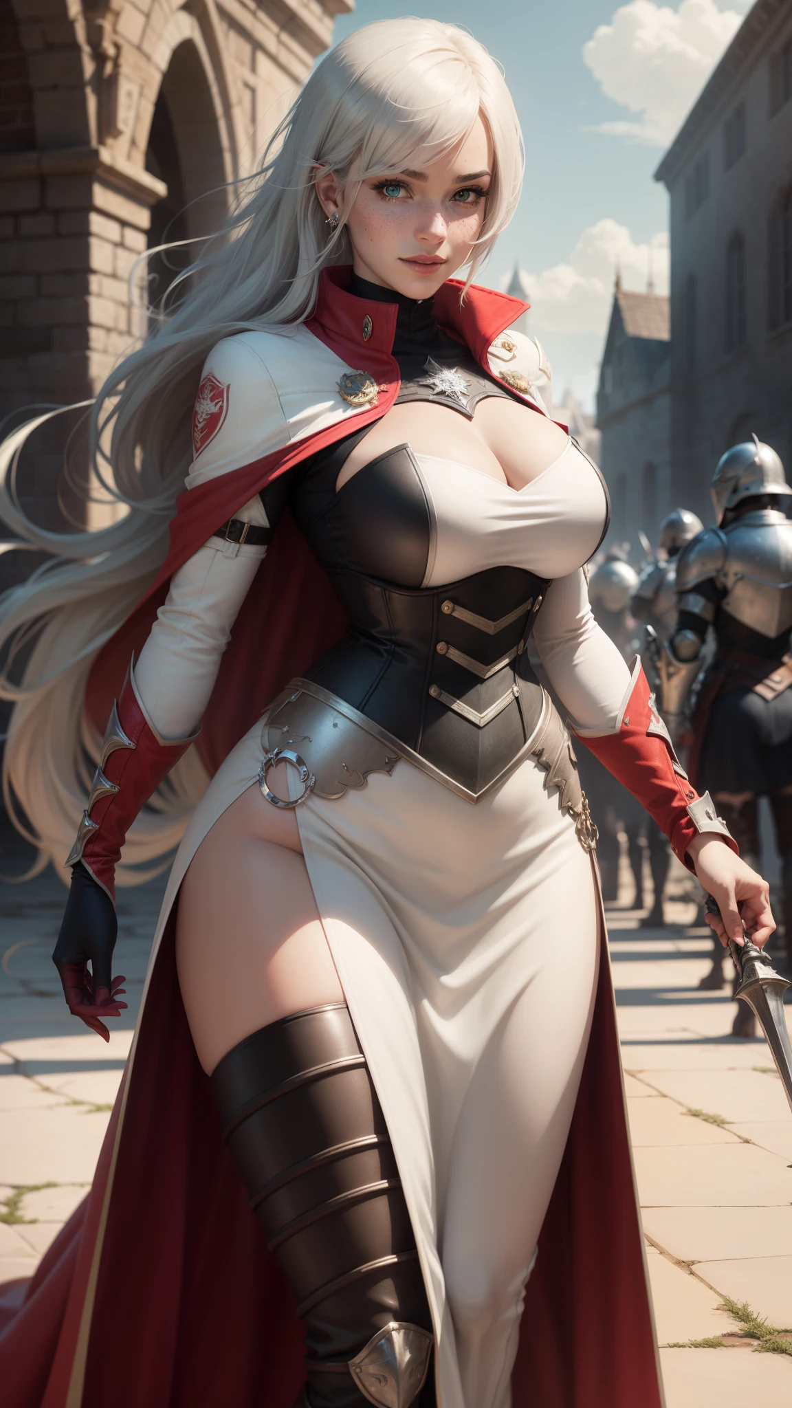 gwen tennyson,yorha 2b,tracer,claire farron,overwatch,atelier ryza,close up,castle siege battle,tattoos,red and white plugsuit,white short sleeve knight top,short sleeve knight full plate armor,long knight skirt,steel knight corset,long hair,princess makeup,green eyes,multicolored silver hair,long dress train,sexy smile, freckles,beautiful girl,silver thigh high boots,large breasts,8k,ultra detailed,realistic,fantasy art,silver knight uniform,queen gown dress,hair pin,ear piercings,snowflake hand and neck jewelry,(weather:battlefield),1girl,long scarlet knight coat,holding a flag spear, ready for battle,fighting,
