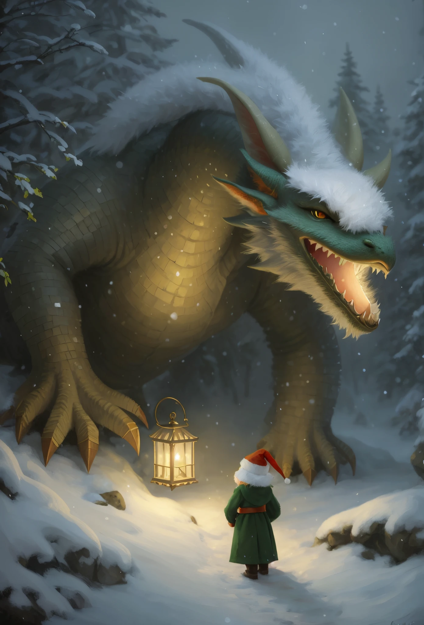Picture of a little dragon wearing a Santa suit and hat., childrens art in artstation, inspired by Michael Malm, portrait of an elf, adorable digital painting, portrait of a gnome called eldon, Classic portrait, portrait of an elf, Santa, based on Rudolf F.. Ingerle, close portrait, based on Ivan Kramskoy