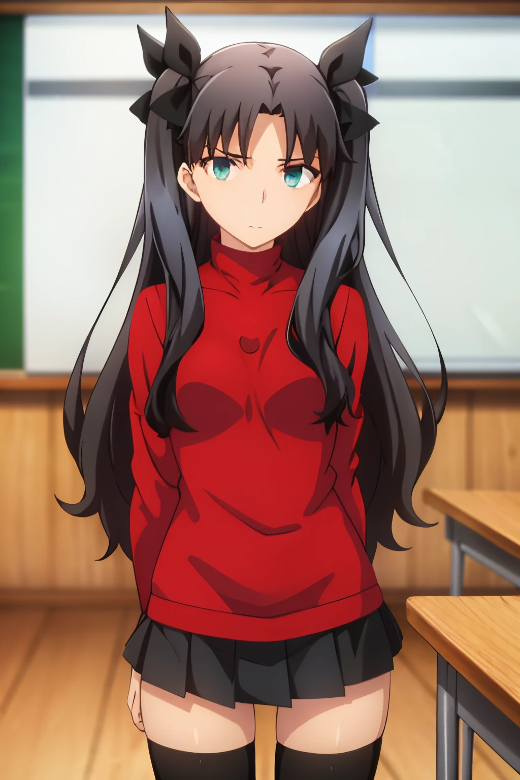 1girl,alone,rin tohsaka,rin tohsaka kyockcho,aqua eyes,(black hair:1.5),hair ribbon,long hair,ribbon,sidelocks,two side up,(parted bangs:1.5) BREAK black skirt,black thighhighs,long sleeves,miniskirt,pleated skirt,(red sweater:1.5),skirt,sweater,thighhighs,turtleneck BREAK indoors,classroom BREAK looking at viewer,(cowboy shot:1.5) BREAK (masterpiece:1.2),best quality,high resolution,unity 8k wallpaper,(illustration:0.8),(beautiful detailed eyes:1.6),extremely detailed face,perfect lighting,extremely detailed CG,(perfect hands, perfect anatomy),