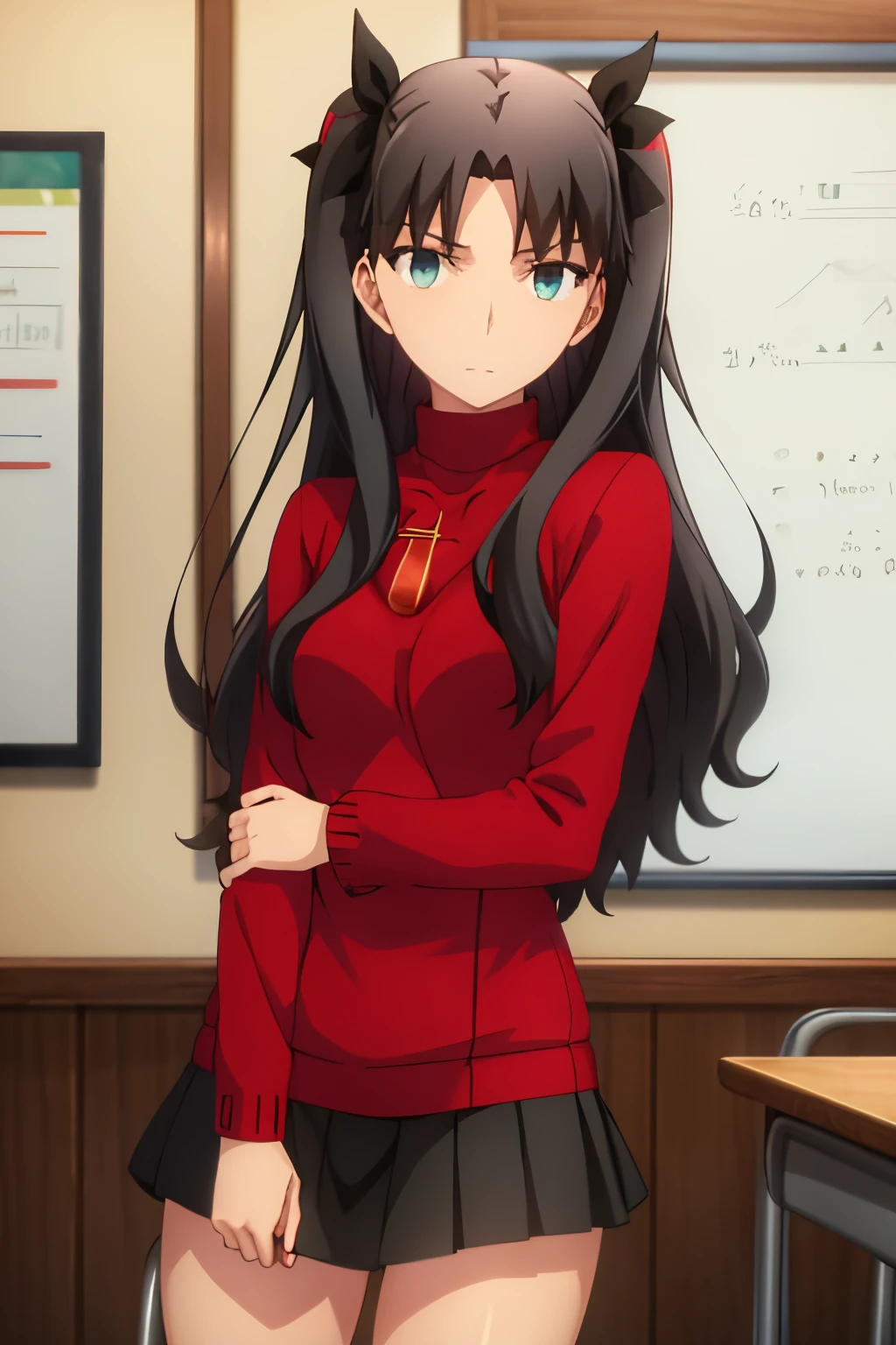 1girl,alone,rin tohsaka,rin tohsaka kyockcho,aqua eyes,(black hair:1.5),hair ribbon,long hair,ribbon,sidelocks,two side up,(parted bangs:1.5) BREAK black skirt,black thighhighs,long sleeves,miniskirt,pleated skirt,(red sweater:1.5),skirt,sweater,thighhighs,turtleneck BREAK indoors,classroom BREAK looking at viewer,(cowboy shot:1.5) BREAK (masterpiece:1.2),best quality,high resolution,unity 8k wallpaper,(illustration:0.8),(beautiful detailed eyes:1.6),extremely detailed face,perfect lighting,extremely detailed CG,(perfect hands, perfect anatomy),