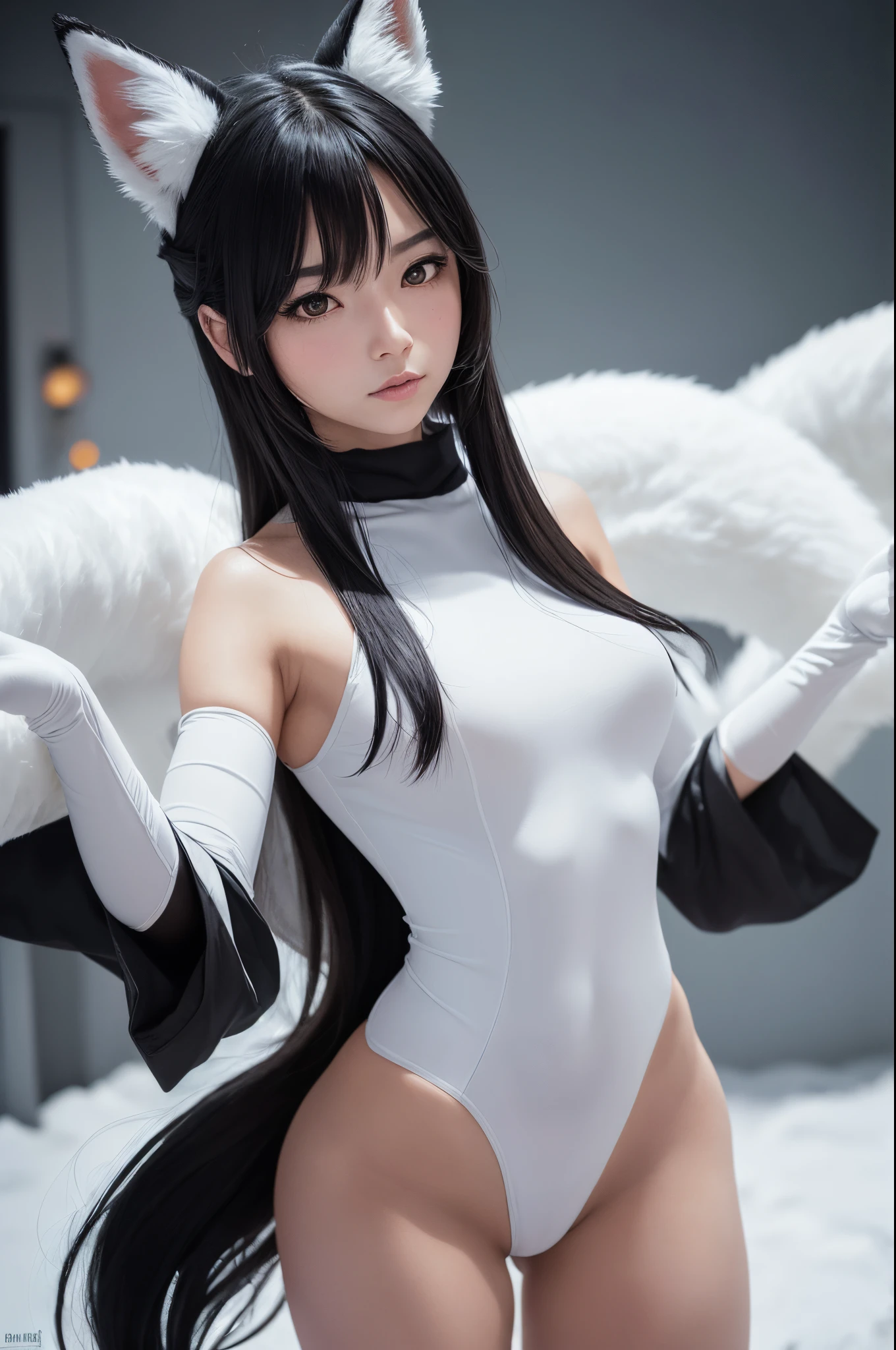 Ultra-realistic capture, Highly detailed, High resolution 16k close-up of human skin, Skin texture must be natural, Detailed enough to finely identify pores, Skin should look healthy, In a uniform tone, Use natural light and color, ahri, ahri_(lize_In the_legends), 1girl in, absurderes, animal_Ears, Black_hair, Detached_sleeves, Distri, facial arcs, Fox_Ears, Fox_tail, Hand_ ass hole up, hight resolution, lize_In the_legends, long_hair, Snow Suit, Magic, multiple_tailed, white_tailed, orange_Eyes, parted_Lips, Solo, Standing, tail, full_Body, arms behind back, appearance々Let&#39;s take Japanese monsters with us, ((Wearing a demon fox costume)), ((In a pose where you attack with both hands))