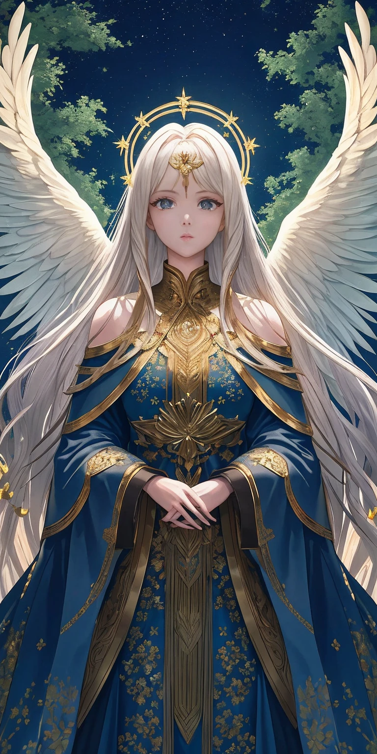 ((masterpiece)), ((best quality)), (ultra-detailed), ((extremely detailed)), 4K, (8K), best quality, (beautiful), watercolor pencil, folding arms, sacred place, forest, evening, a beautiful woman, woman, solo, aasimar pathfinder, golden HALO shinning over head, spirit, beautiful long messy white hair, beautiful honey eyes, ((beautiful eyes)), hair ornaments, circlet, black choker, cool, big white angel wings on her back