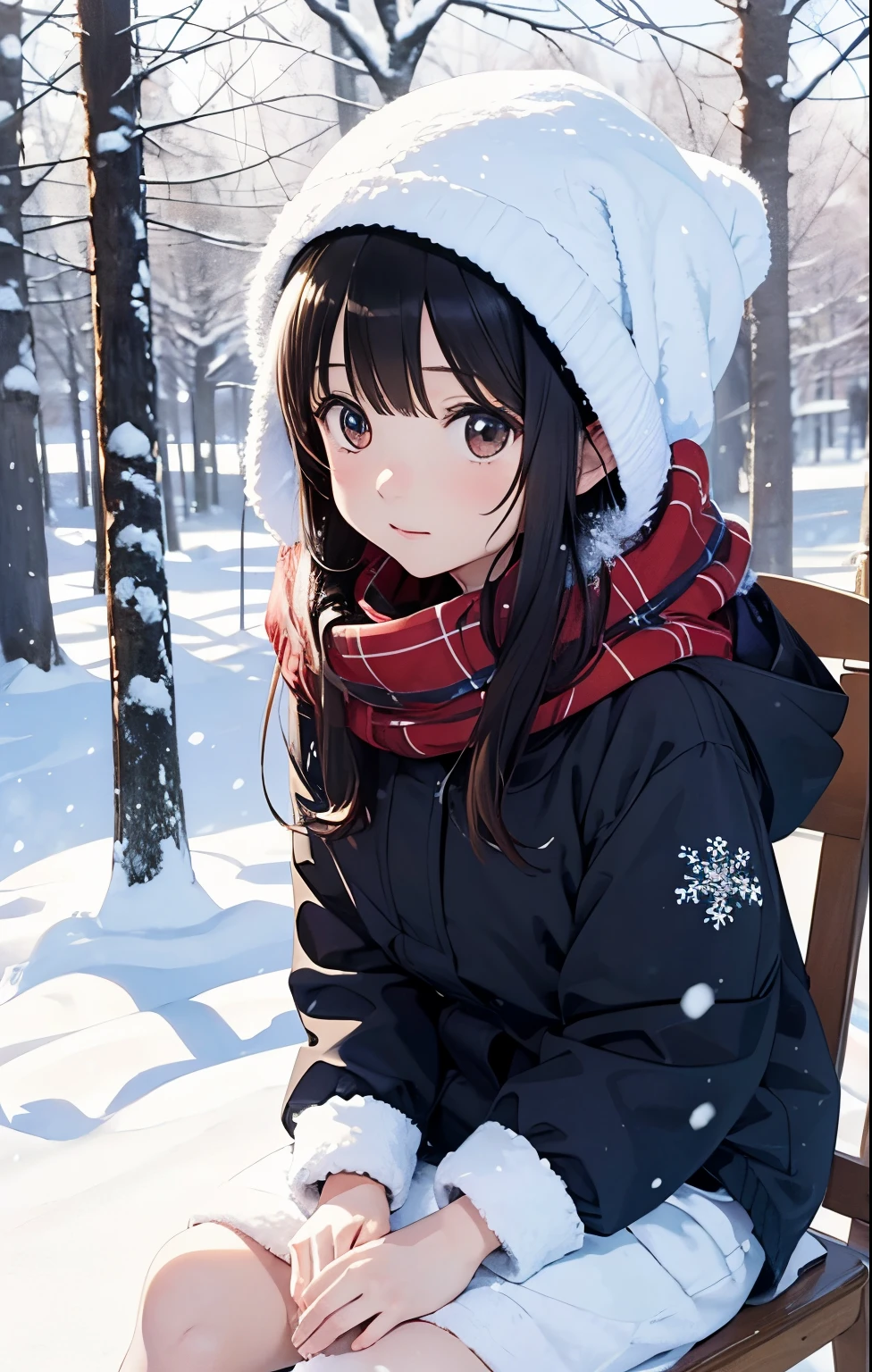 masutepiece, Best Quality, hight resolution,Anime girl sitting on a sled in the snow with trees in the background, In the snow, in snow, (Snow), at winter, yuruyuri, akiko takase, winter snow, Illustration!, snowy day, Inspired by Miwa Komatsu, lain iwakura, yuru camp, tsugumi ohba, snow snow, aya takano color style