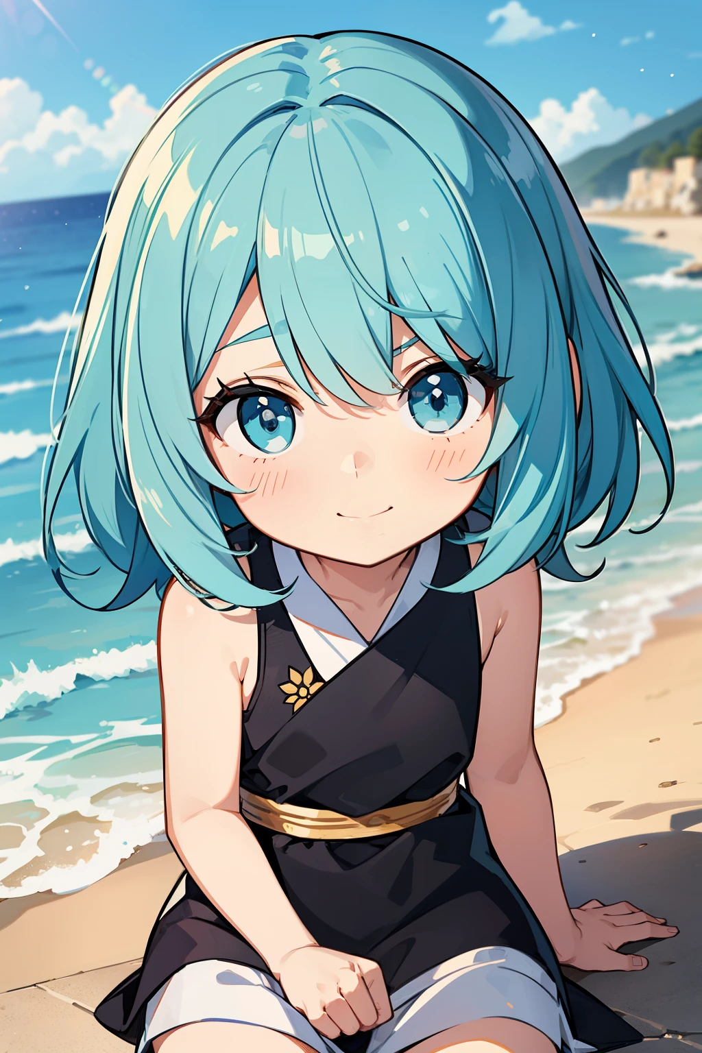 (high-quality, breathtaking),(expressive eyes, perfect face) 1girl, girl, solo, young kid, child, chibi, toddler, medium blue hair, green coloured eyes, stylised hair, gentle smile, medium length hair, loose hair, side bangs, curley hair, really spiky hair, spiked up hair, looking at viewer, portrait, ancient greek clothes, blue black and white tunic, white Chlamys, sleeveless, greek, blue and gold sash, ocean background, ribbons accessory in hair, slightly narrow eyes, baby face, baby body, small body, small head, baby, 36½ inches tall, chibi art style