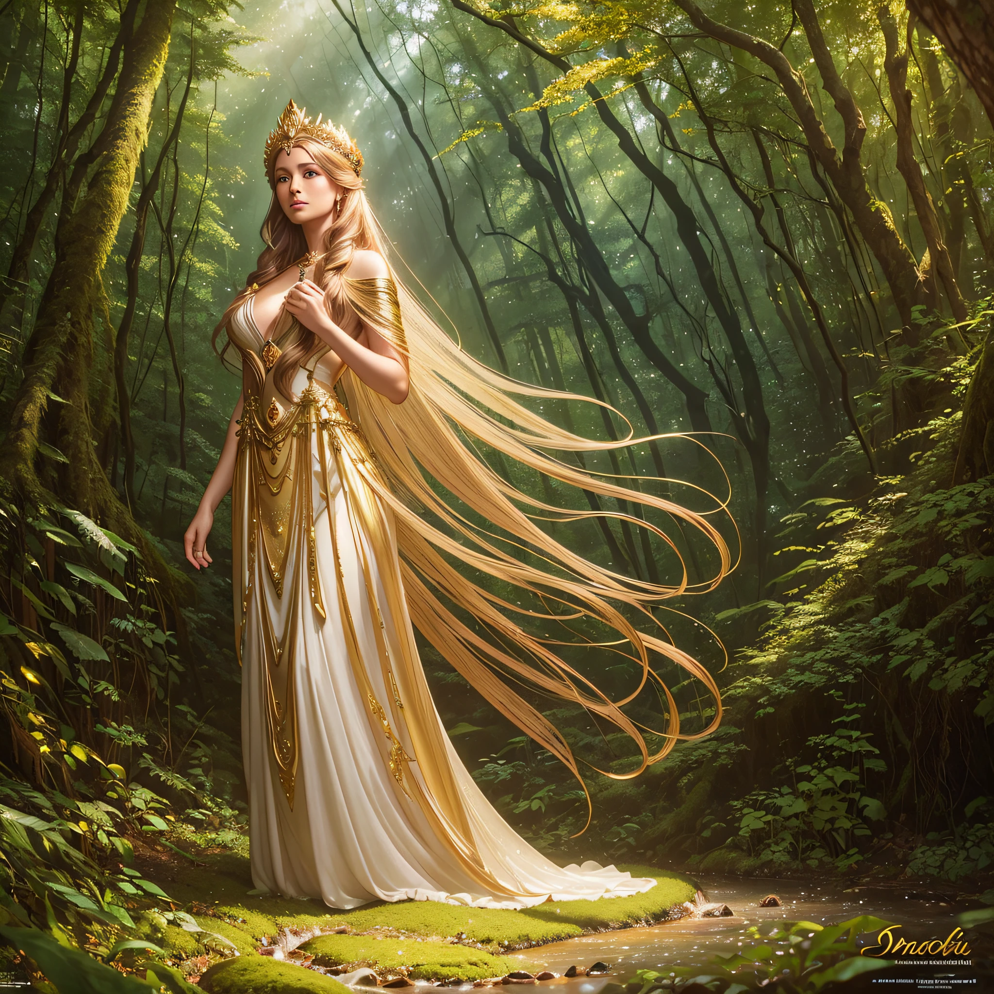 arafed woman in a flowing dress in a forest, gold ethereal light, goddess of light, heather theurer, beautiful maiden, fey queen of the summer forest, ethereal light, goddess of the forest, ethereal fantasy, magali villeneuve', ethereal glow, style of donato giancola, portrait of queen of light, inspired in donato giancola