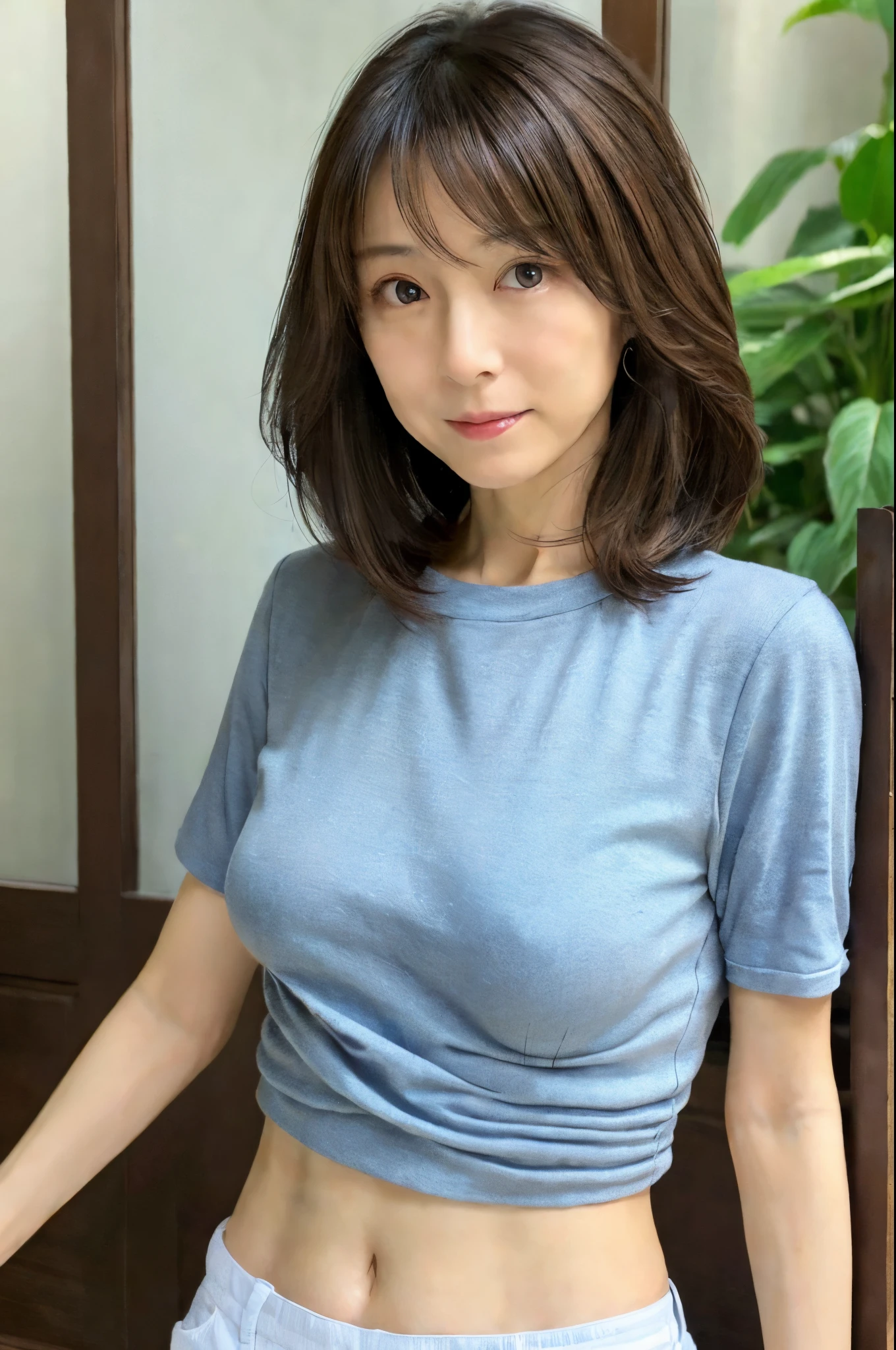 (High reality photograph, high resolusion, detailed face, detailed eyes) Skinny Japanese lady, 40 years old, wife, cute face, various face expression, solo:1, lovely body, skinny figure, small breasts, various hair style, casual clothes, emphasizing very thin waist, alone in a photo