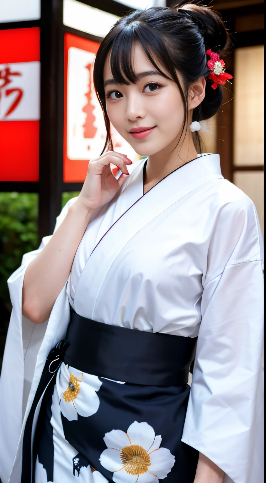 Best-quality, Masterpiece, Ultra-High-Resolution, (Photorealistic:1.4), Raw-Photo, Extremely-Details, Perfect-Anatomy, 1girl, the most popular Japanese idol, wearing only gorgeous Japanese KIMONO, detailed gorgeous Japanese KIMONO, innocent smile, looking at viewer, upturned ass wearing gorgeous Japanese KIMONO, cowboy-shot, extremely cute face like a very famous Japanese idol, extremely beautiful big black eyes, extremely beautiful black hair, extremely beautiful white skins, extremely beautiful hip wearing gorgeous Japanese KIMONO, extremely beautiful thighs wearing gorgeous, detailed cute face, detailed beautiful big black solid circle eyes, detailed beautiful hair, detailed beautiful white skins, detailed beautiful ass wearing gorgeous Japanese KIMONO, detailed beautiful hip wearing gorgeous Japanese KIMONO, detailed beautiful thighs wearing gorgeous Japanese KIMONO