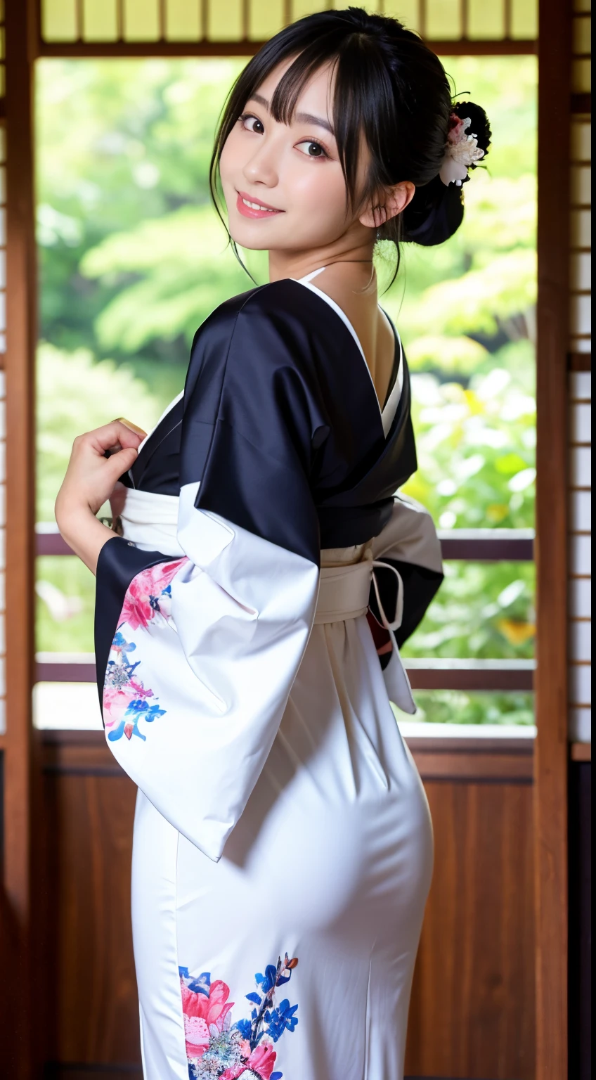 Best-quality, Masterpiece, Ultra-High-Resolution, (Photorealistic:1.4), Raw-Photo, Extremely-Details, Perfect-Anatomy, 1girl, the most popular Japanese idol, wearing only gorgeous Japanese KIMONO, detailed gorgeous Japanese KIMONO, innocent smile, looking at viewer, upturned ass wearing gorgeous Japanese KIMONO, cowboy-shot, extremely cute face like a very famous Japanese idol, extremely beautiful big black eyes, extremely beautiful black hair, extremely beautiful white skins, extremely beautiful hip wearing gorgeous Japanese KIMONO, extremely beautiful thighs wearing gorgeous, detailed cute face, detailed beautiful big black solid circle eyes, detailed beautiful hair, detailed beautiful white skins, detailed beautiful ass wearing gorgeous Japanese KIMONO, detailed beautiful hip wearing gorgeous Japanese KIMONO, detailed beautiful thighs wearing gorgeous Japanese KIMONO
