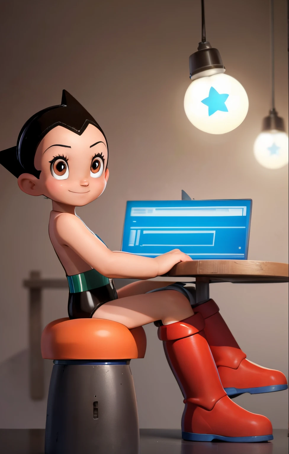 High quality portrait of Astro Boy sitting laboratory table, laboratory background, smiling. looking at viewer, Brown eyes, red boots