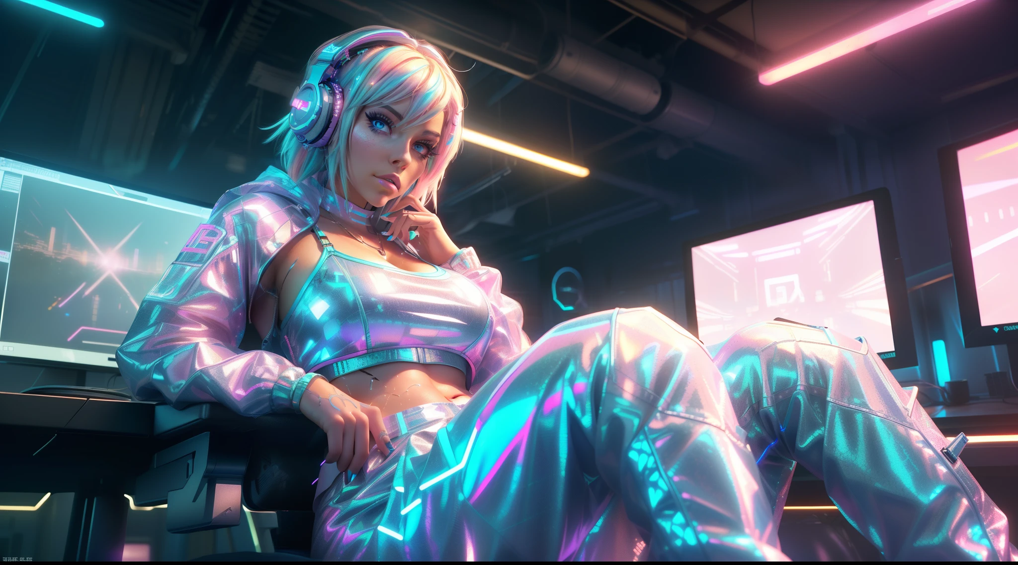 athletic white woman like ((Jessica Nigri)) (Maya Ali) (Jackie Welles) ((Kailee Mandel)) | round head | thick neck | hazel brown eyes | pastel blue hair | pastel pink white blue eyeshadow makeup glossy lipstick | bokeh | relaxing | sitting | wearing reflective specular wet shiny latex (transgender flag) (pastel pink white blue) cyberpunk outfit headphones | jacket and long pants | lounging listening to music at a desk, night | computer monitors | Desktop Wallpaper, brilliant stunning photorealistic intricate meticulously detailed dramatic atmospheric, Epic 3D Videogame Graphics, 8K Resolution, directed neon lighting, Unreal Engine 5, HDR, Perfect Composition, splash screen, cyberpunk