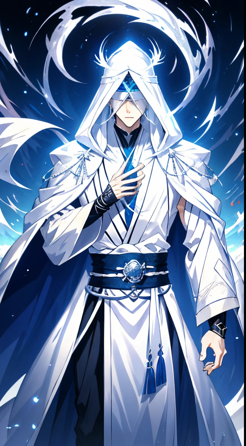 man with white hair and white robe, white-haired god, The hood covered his eyes, Wind Egyptian God, hair over eye, Dazzling white hair, transparent veil, Charming male god, Blind, a painting of white silver, muscular magician man, White veil, Mushoku Tensei, blindfolded fantasy, character album cover, beautiful male god of death，white magic vortex