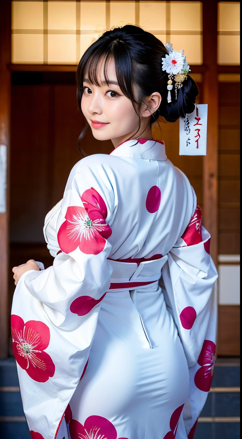 Best-quality, Masterpiece, Ultra-High-Resolution, (Photorealistic:1.4), Raw-Photo, Extremely-Details, Perfect-Anatomy, 1girl, the most popular Japanese idol, wearing only gorgeous Japanese KIMONO, detailed gorgeous Japanese KIMONO, innocent smile, looking at viewer, upturned ass wearing gorgeous Japanese KIMONO, cowboy-shot, extremely cute face like a very famous Japanese idol, extremely beautiful big black eyes, extremely beautiful black hair, extremely beautiful white skins, extremely beautiful hip wearing gorgeous Japanese KIMONO, extremely beautiful thighs wearing gorgeous KIMONO, detailed cute face, detailed beautiful big black solid circle eyes, detailed beautiful hair, detailed beautiful white skins, detailed beautiful ass wearing gorgeous Japanese KIMONO, detailed beautiful hip wearing gorgeous Japanese KIMONO, detailed beautiful thighs wearing gorgeous Japanese KIMONO