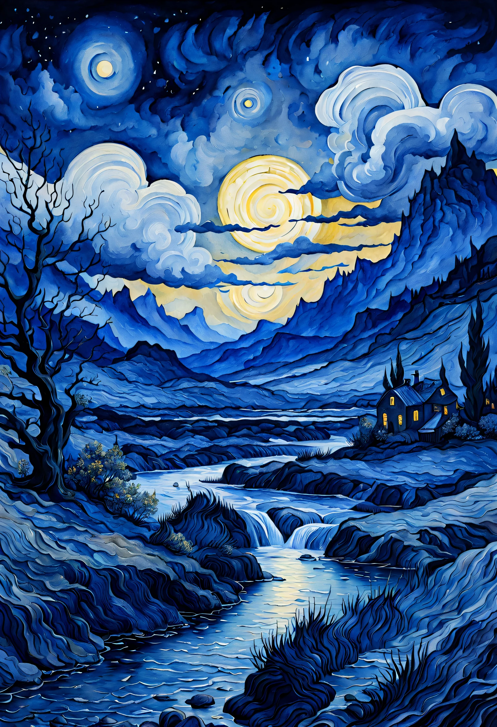 Dark blue fantasy landscape, Van Gogh style, aquarelle, Hot topics on artstation, Focus sharp, studio photo, Complicated details, The is very detailed, author：Greg Rutkoski