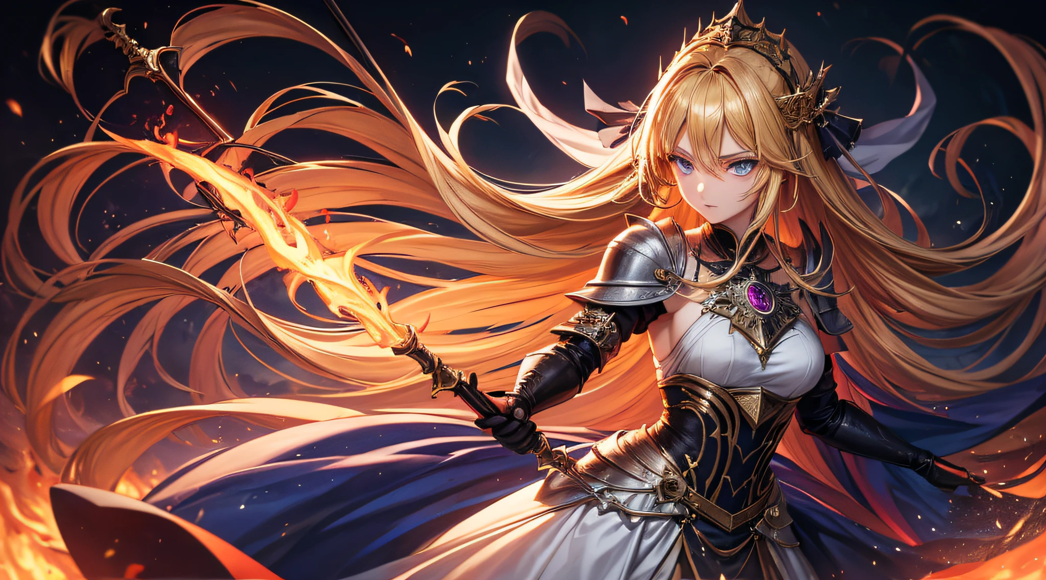 masutepiece,Best Quality,ultra-detailliert,1 female magician,upperbody shot,fire magic wand,Blonde hair,Long hair,Blue Eye,Straight hair,look at viewr,Dark Souls