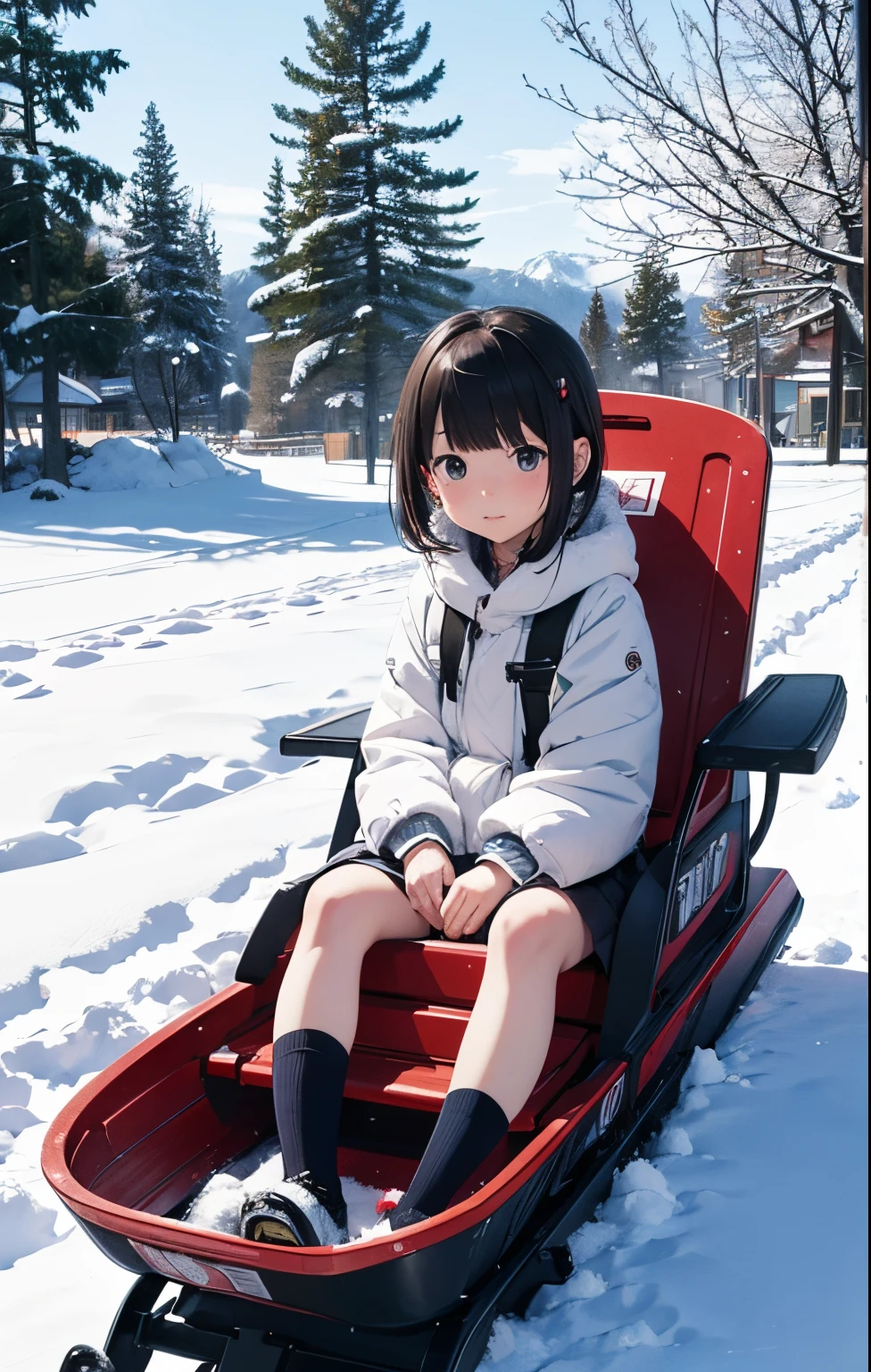 masutepiece, Best Quality, hight resolution,Anime girl sitting on a children&#39;s sled in the snow with trees in the background, In the snow, in snow, (Snow), at winter, yuruyuri, akiko takase, winter snow, Illustration!, snowy day, Inspired by Miwa Komatsu, lain iwakura, yuru camp, tsugumi ohba, snow snow, aya takano color style