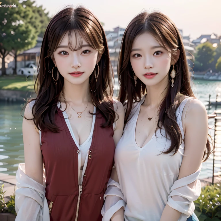 vests, masterpiece, hight resolution, 1 rapariga, red blush, (seducting smile: 0.8), hairaccessories, a necklace, jia, Tindall Effect, 真实感, Light Edge, Two-tone lighting, (highdetailskin: 1.2), 8K Ultra HD, Digital SLR, hightquality, volume illumination, Sneak Peek, a picture, hight resolution, 4K, 8K, Background bokeh, Gorgeous clothes, 耳环, 35 mm, High Detail Hair, The upper part of the body, Bust, portlate, Ultra-clear face, (by lake、Pasture)、Colossal breasts on the verge of bursting、