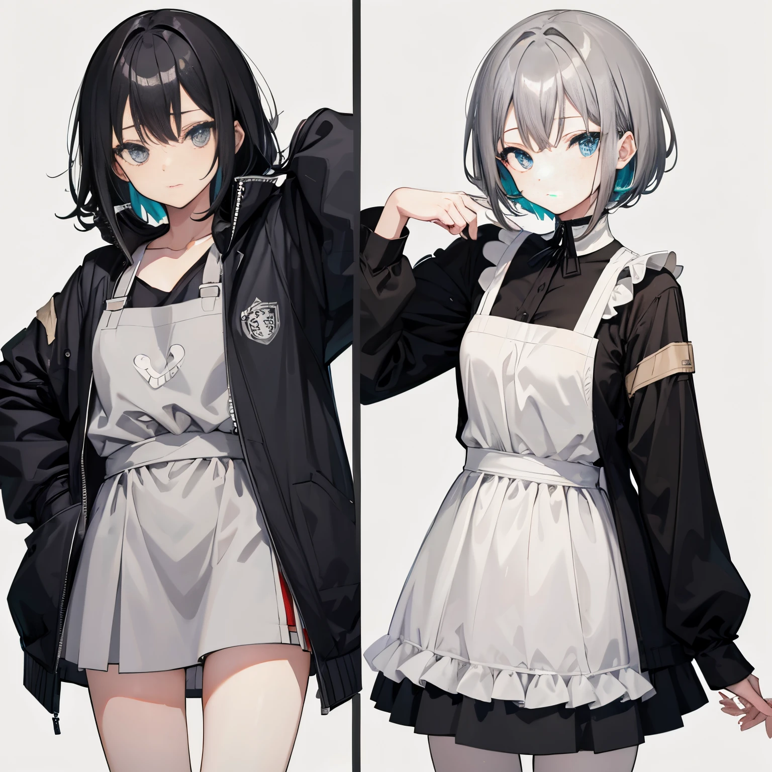 (masutepiece:1.2, Best Quality),  [girl, expressioness, Turquoise eyes, front facing, jet-black hair, half short hair,straight hair, Jacket is taken off, Cafe Apron,black frill skirt,] (Gray white background:1.5),