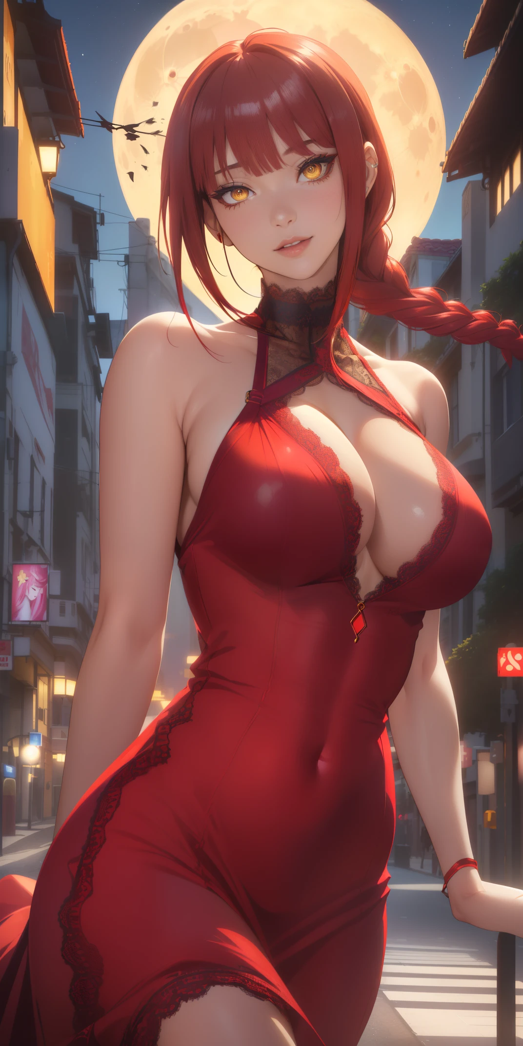 Medium and round breasts, she is a beautiful woman ((Makima)), (red hair, loose braid, with bangs and shiny), double eyelids, yellow eyes, and detailed, hyper detailed, light effect on the eyes, detailed irises, sensual body, ((beautiful long red dress with neck strap, lace detail, delicate, beautiful, neckline)) ((masterpiece, hyper realistic, hyper detailed, best quality, 16k, light and shadow on the skin, vivid colors ) ), eyeliner, sensual expression, perfect lips, innocent and sexy face, ((skin with light and shadow), beautifully seductive woman, protruding smile ((Makima is beautiful)), flirting with the viewer, beautiful, charming, (pose sensual half sideways on the street), ((night, moon))