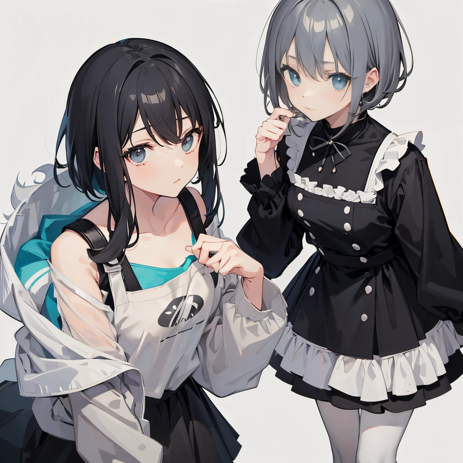 (masutepiece:1.2, Best Quality),  [girl, expressioness, Turquoise eyes, front facing, jet-black hair, half short hair,straight hair, Jacket is taken off, Cafe Apron,black frill skirt,] (Gray white background:1.5),
