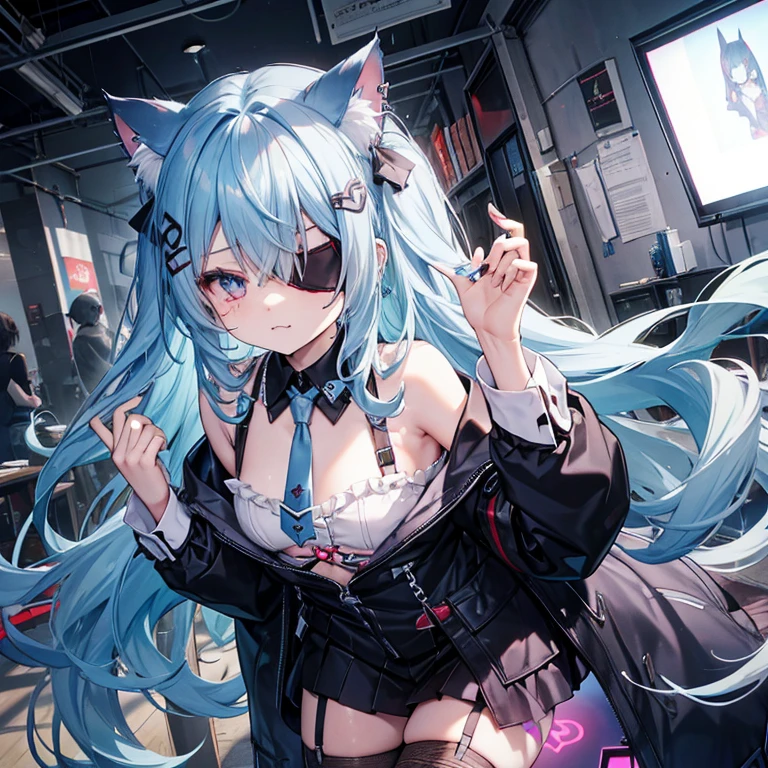 Light blue long-haired。cat ear。Department of Landmines。succubus。fishnet tights。piercings。an eye patch。Sick system。kawaii。Small devil。