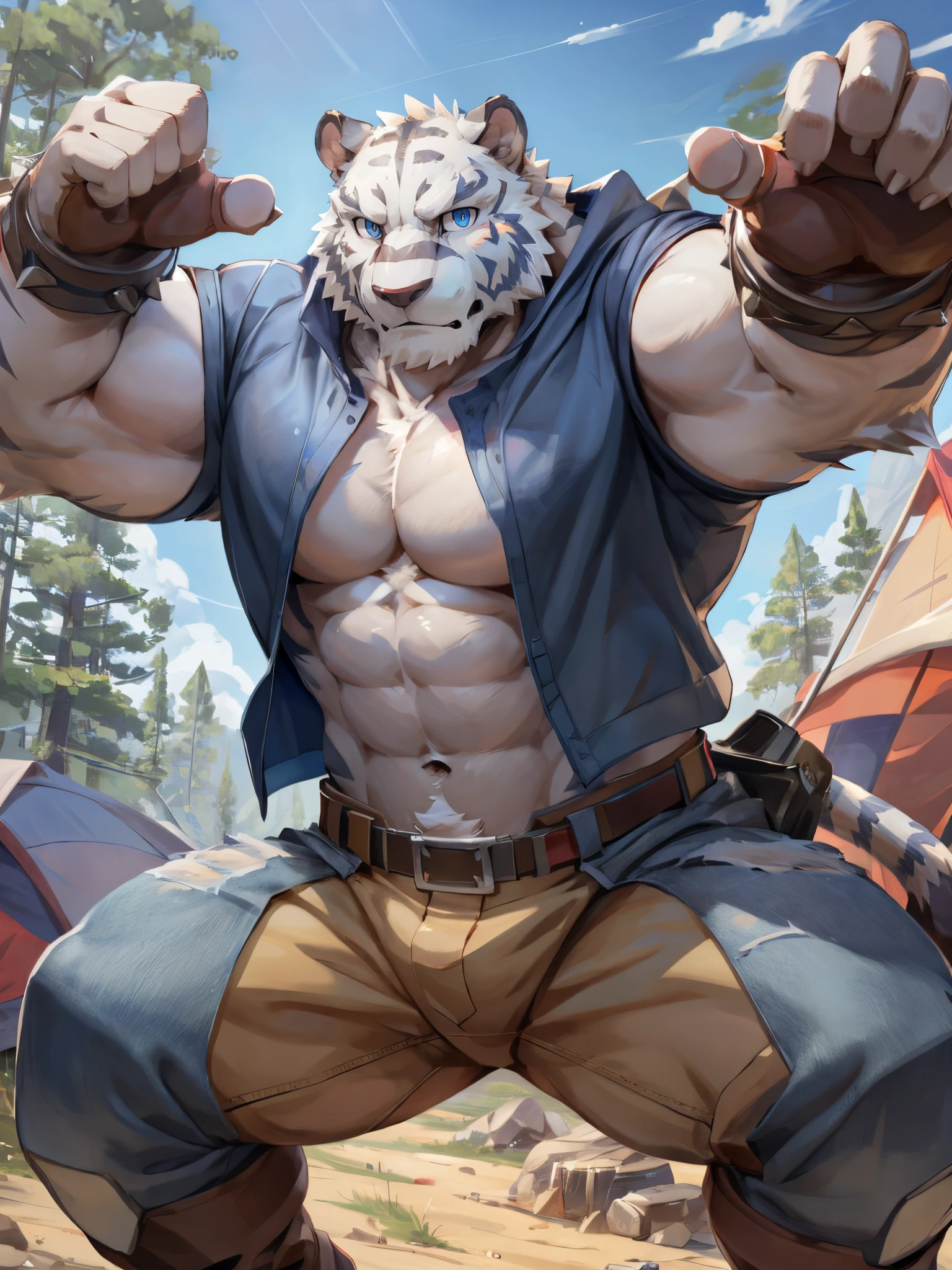 masterpiece,high quality,anime,detailed eyes,furry male White tiger, Great physique,skyblue eyes,strong arms manly,dark blue shirt,jeans,dynamic action,looking viewer,camp site,by null-ghost,by pino daeni