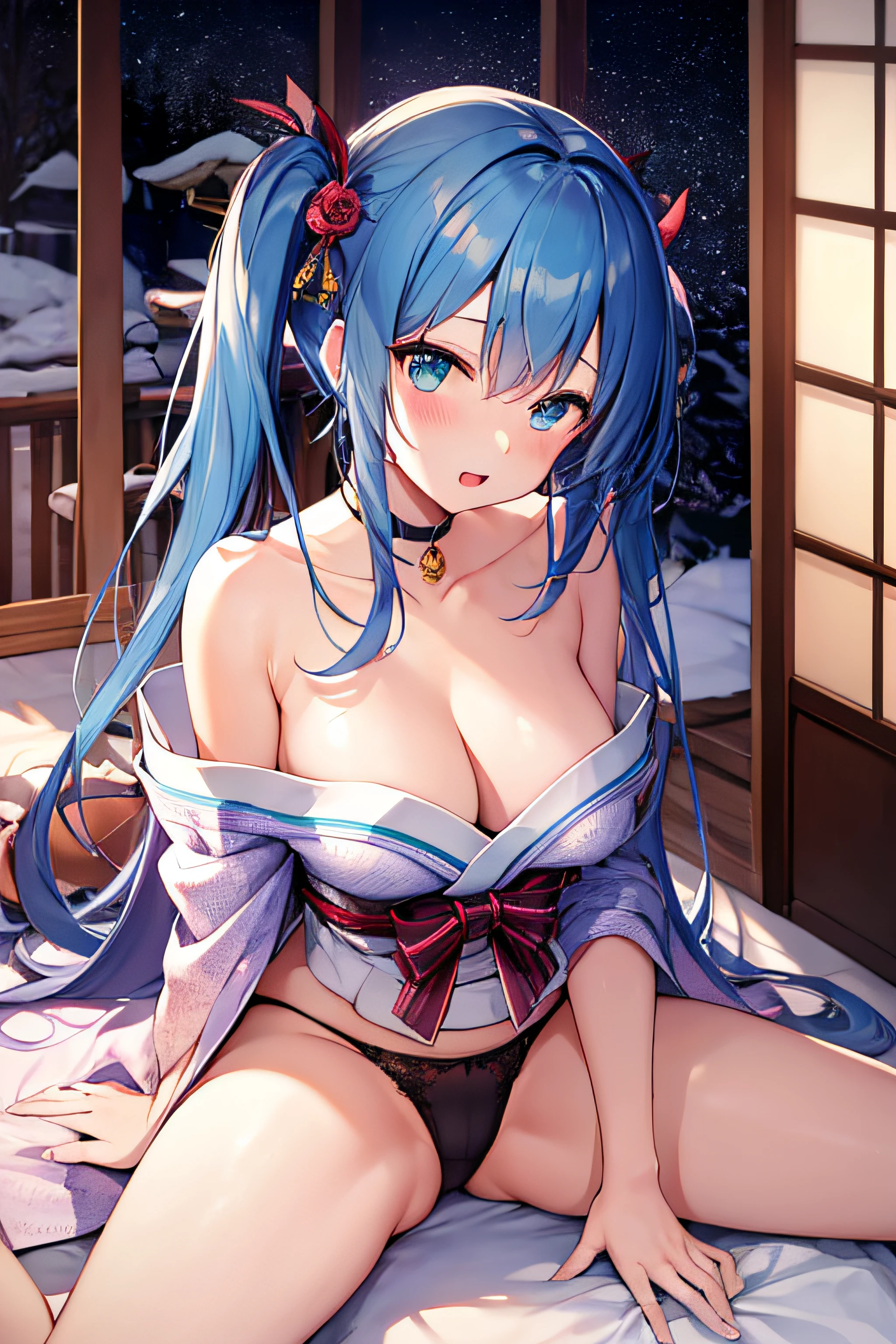 ​masterpiece、Top image quality、超A high resolution、NSFW、miku hatsune、blue hairs、Twin-tailed、Blushing、is in estrus、mock、Open your mouth just a little、Kimono with bare shoulders、spread your legs wide、M-shaped spread legs、Lace panties、kyoto、Japan、Hot Spring Ryokan、On the mattress、Night time