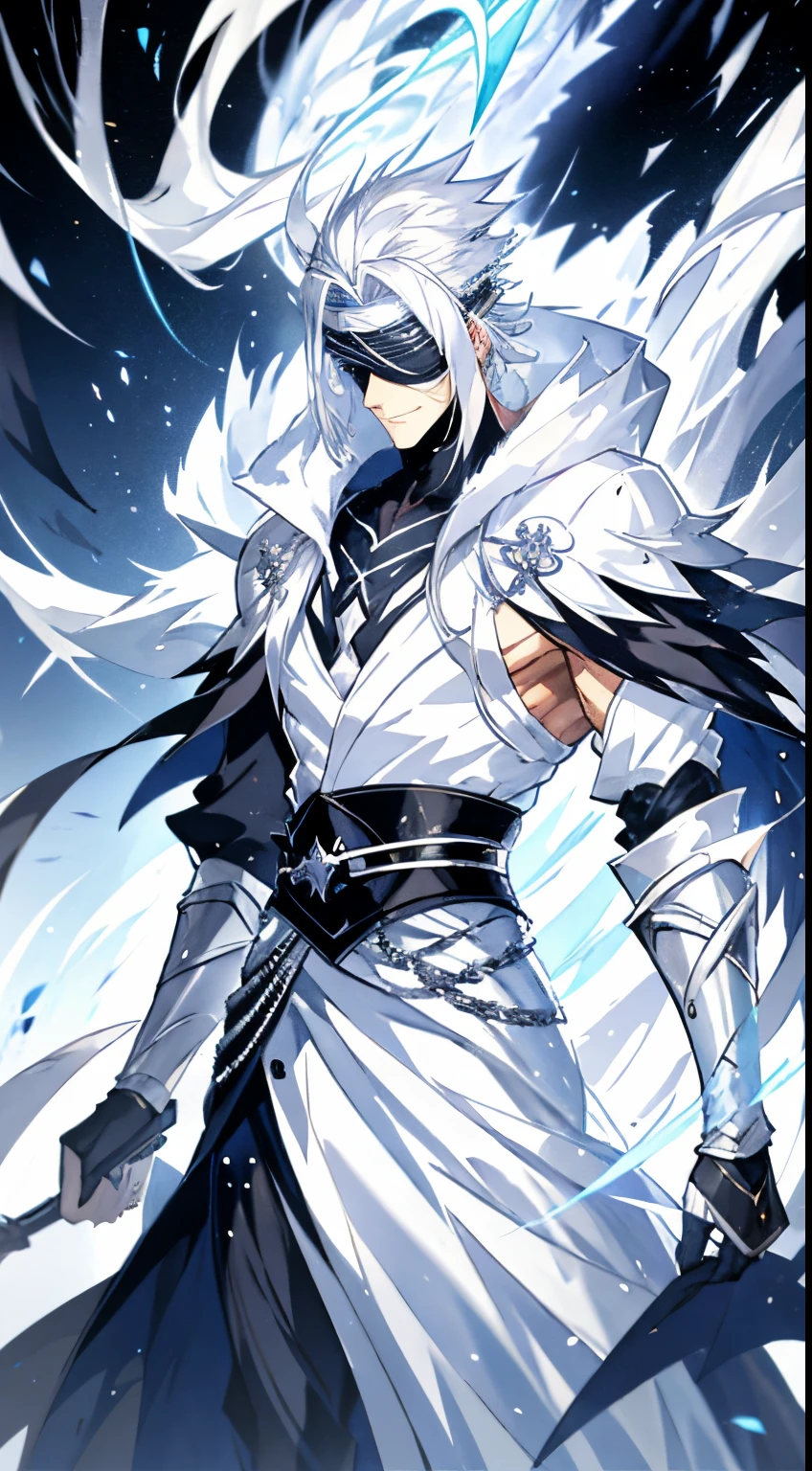 man with white hair and white robe, white-haired god, The hood covered his eyes, Wind Egyptian God, hair over eye, Dazzling white hair, transparent veil, Charming male god, Blind, a painting of white silver, muscular magician man, White veil, Mushoku Tensei, blindfolded fantasy, character album cover, beautiful male god of death，white magic vortex