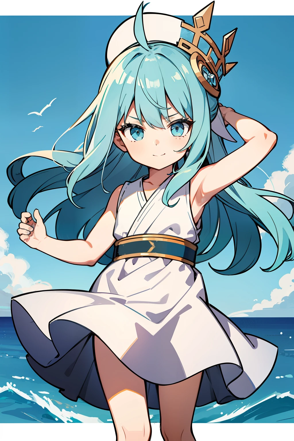 (high-quality, breathtaking),(expressive eyes, perfect face) 1girl, girl, solo, young kid, child, chibi, toddler, long blue hair, green coloured eyes, stylised hair, gentle smile, medium length hair, loose hair, side bangs, curley hair, really spiky hair, spiked up hair, looking at viewer, portrait, ancient greek clothes, blue black and white tunic, white Chlamys, sleeveless, greek, blue and gold sash, ocean background, sea shell accessories in hair, slightly narrow eyes, baby face, baby body, small body, small head, baby, 36½ inches tall, chibi art style