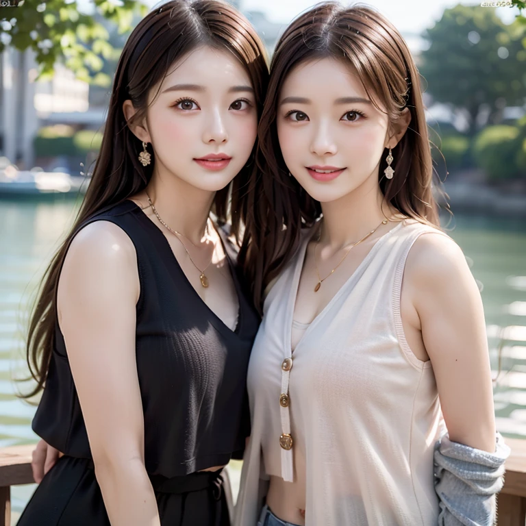 vests, masterpiece, hight resolution, 1 rapariga, red blush, (seducting smile: 0.8), hairaccessories, a necklace, jia, Tindall Effect, 真实感, Light Edge, Two-tone lighting, (highdetailskin: 1.2), 8K Ultra HD, Digital SLR, hightquality, volume illumination, Sneak Peek, a picture, hight resolution, 4K, 8K, Background bokeh, Gorgeous clothes, 耳环, 35 mm, High Detail Hair, The upper part of the body, Bust, portlate, Ultra-clear face, (by lake、Pasture)、Huge chest on the verge of bursting、Lively poses、