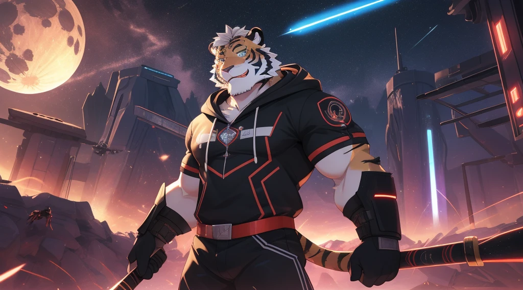 anthro ((tiger)), furry, tiger, golden fur, (white hair:1.5), beard, male, white eyebrows, violet eyes, masterpiece, (no stripes on face:1.5), ((Best quality)), character focus solo, handsome, middle-aged, mature, muscle body, sexy, dilf, full body, (((kosutora))) weilding a red light saber katana, blue short sleeve hoodie, short pant, blood moon, ray tracing, masterpiece, best quality, ultra quality, absurd details, best light, best shadow, sharp, sharp image, detailed, extremely detailed, great resolution, 8k, 4k, uhd, particle effects, beautiful effects, vivid colors, neon light, neon, light, (((scifi))), ((((battle scene))))