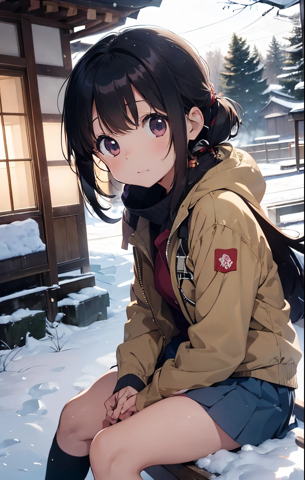 masutepiece, Best Quality, hight resolution,10yaers old,(Hashikuji Temple Mayoi),Anime girl sitting on a child&#39;The tree々sled in the snow against the background of, In the snow, in snow, (Snow), at winter, yuruyuri, akiko takase, winter snow, Illustration!, snowy day, Inspired by Miwa Komatsu, lain iwakura, yuru camp, tsugumi ohba, snow snow, aya takano color style
