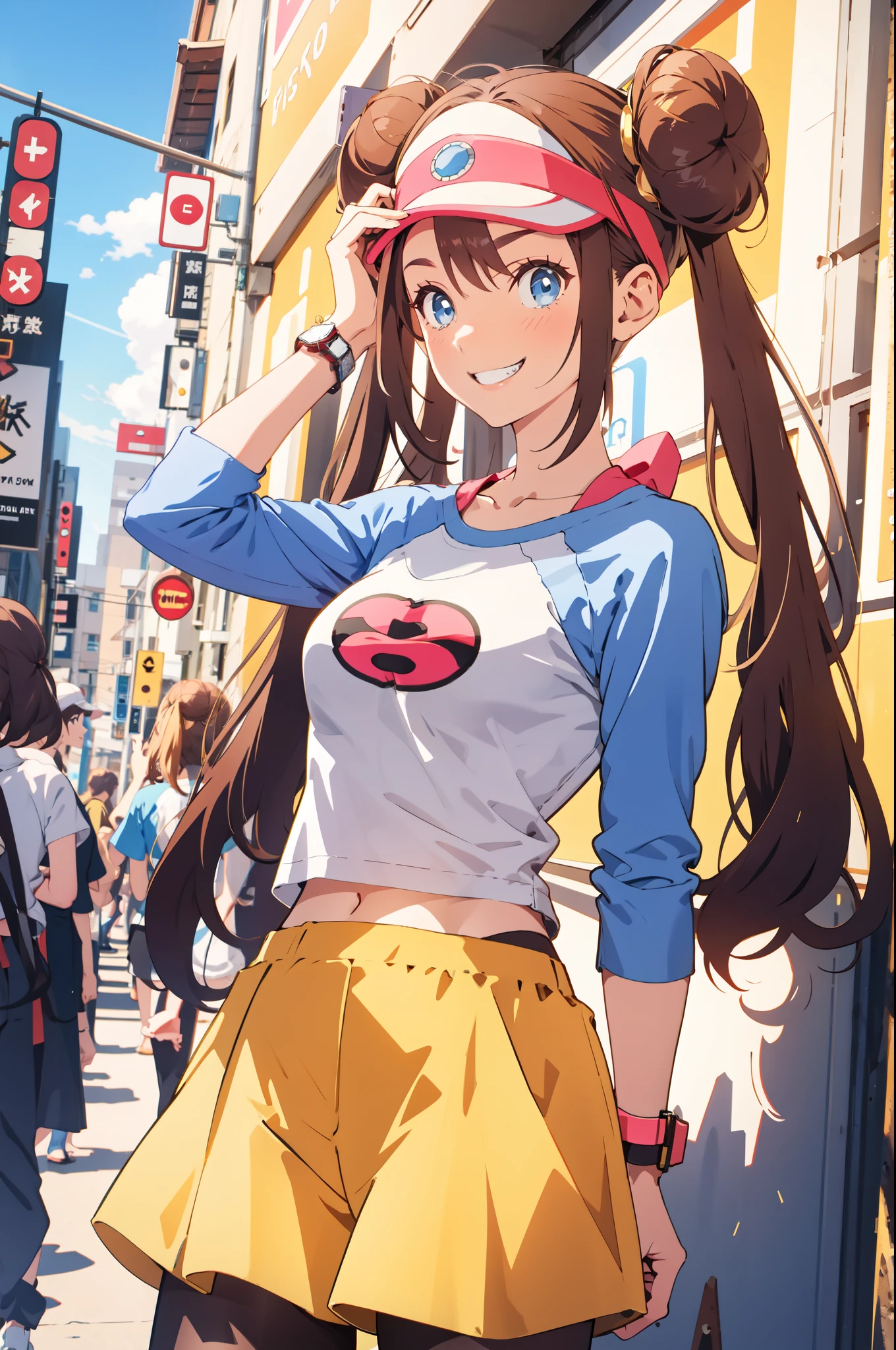 perfect eyes:1.2, detailed eyes:1.4, hand on headwear:1.2, smile, smirk:1.4, v-shaped eyebrows:1.4, grin, nature, ro1, hair bun, long hair:1.4, visor cap, pantyhose, raglan sleeves, yellow shorts, shirt, pink bow, wristwatch, blue eyes, twintails, cowboy shot, 1girl, solo, (masterpiece:1.6, best quality), 8k, insane details, intricate details, hyperdetailed, hyper quality, high detail, ultra detailed, professional, HDR, ray tracing reflection, cinematic lighting,