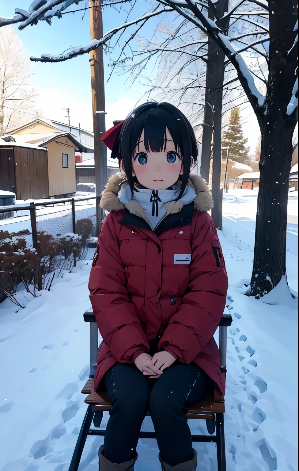 masutepiece, Best Quality, hight resolution,10yaers old,(hashikuji mayoi),Anime girl sitting on a children's sled in the snow with trees in the background, In the snow, in snow, (Snow), at winter, yuruyuri, akiko takase, winter snow, Illustration!, snowy day, Inspired by Miwa Komatsu, lain iwakura, yuru camp, tsugumi ohba, snow snow, aya takano color style