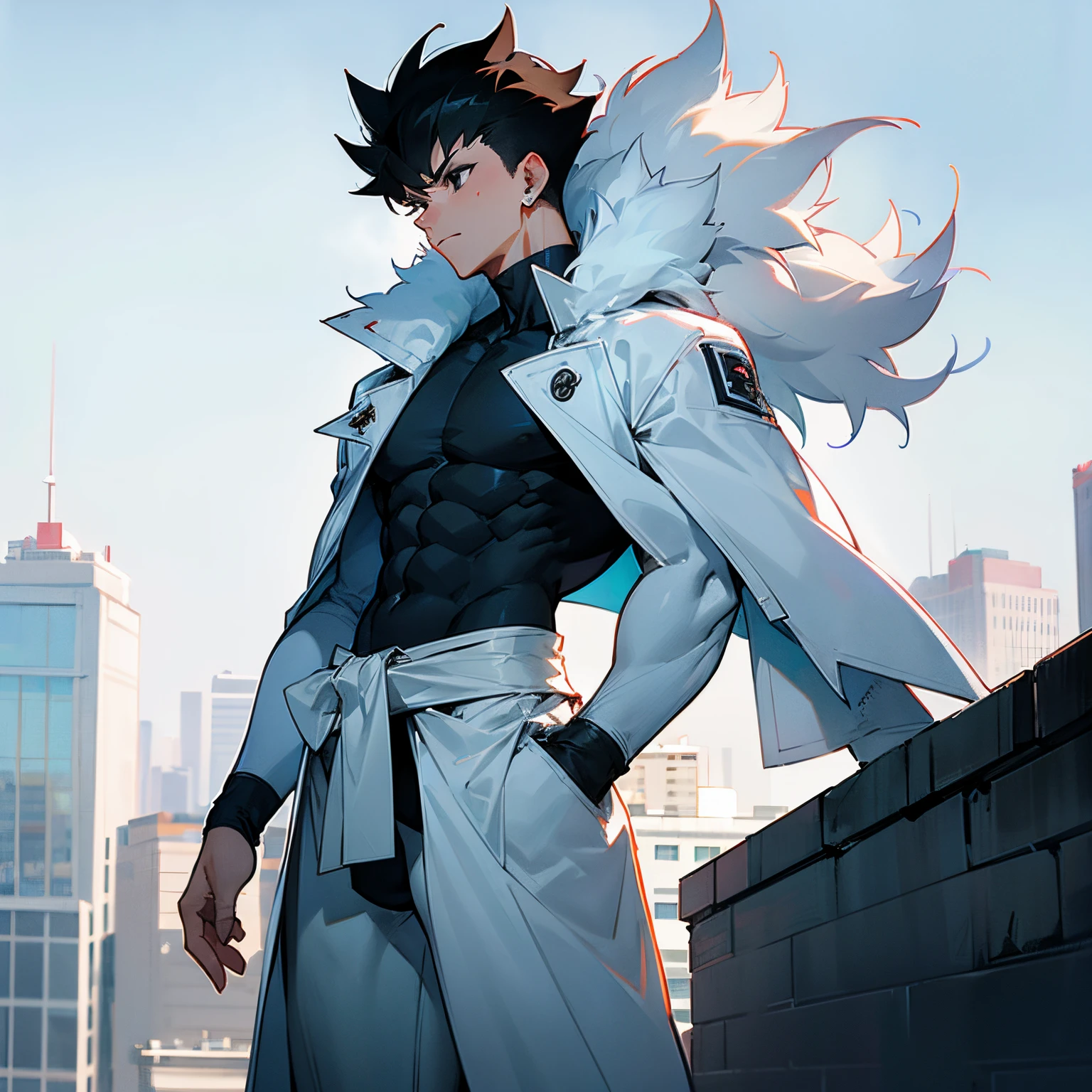 1male, , gon hair black eyes, White fur coat tied to waist, standing on building, overlooking modern city, muscular , White Body Suit Underneath , muscular build