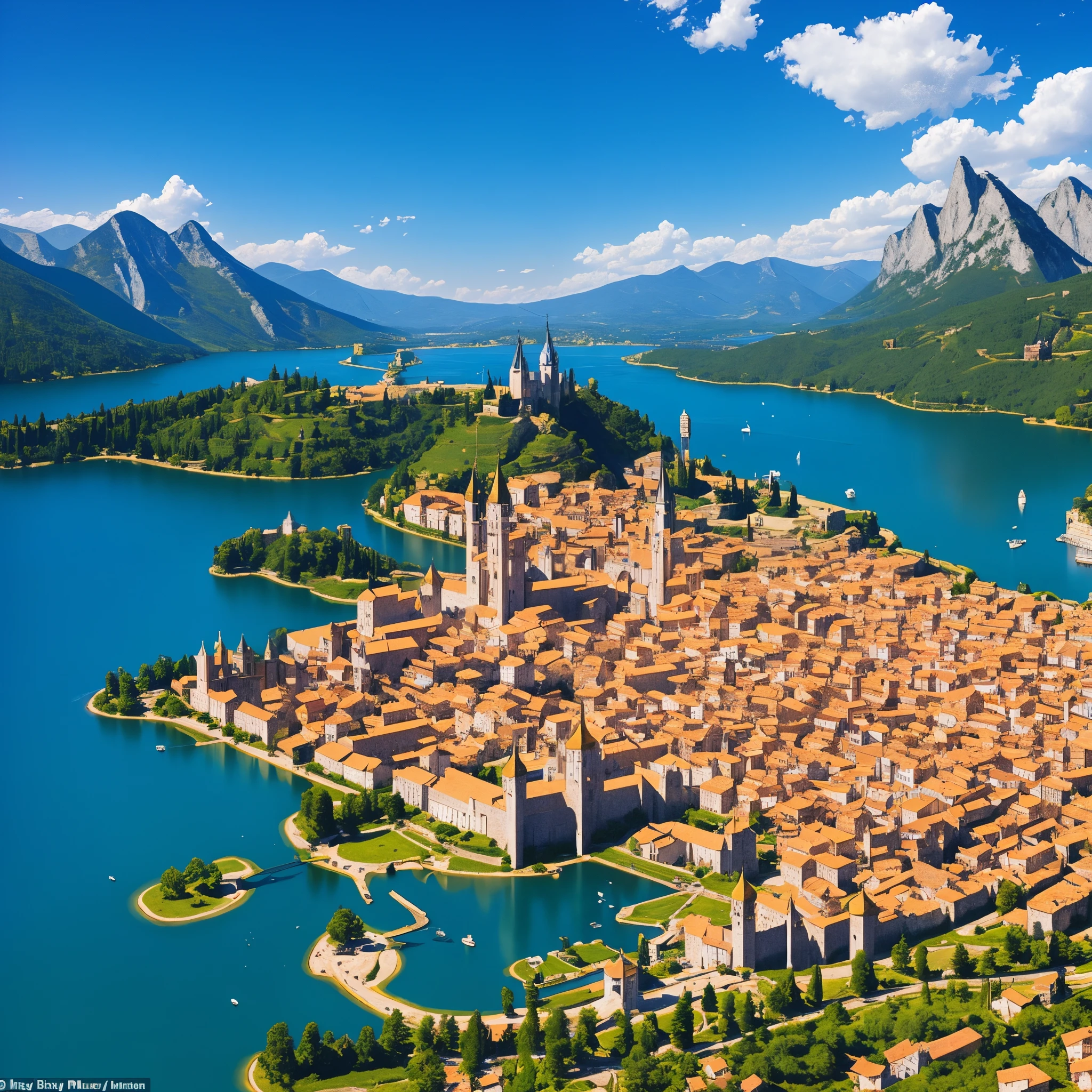 Masterpiece, Best Quality, Ultra-detailed, A magnificent medieval golden city built on a blue lake. ((Population 1 million)), ((Seen from the sky))