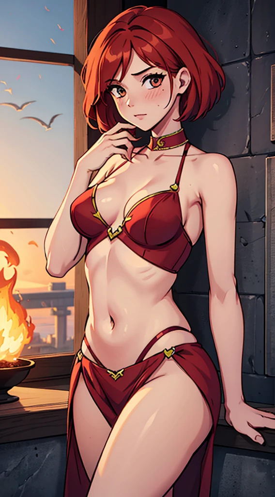 1 girl, solo, Medium breast, sexy, look at viewer, dynamic pose, submissive, hot, erotic pose, blush, will_vandom, short hair, fire red hair, bright red hair, light_brown eyes, bellydancer