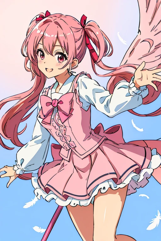 (hight resolution,ultra-detailliert),(masutepiece,Best Quality),Cute Magical Girl,Twin-tailed,Pink hair,Heart ribbon on the chest,cute heart shaped cane,kirakira,Flying in the sky,Flip-fluffy miniskirt,bow ribbon,Ren Hao,A lot of feathers are flying,Anime Beautiful Girl,lame,wingspan,