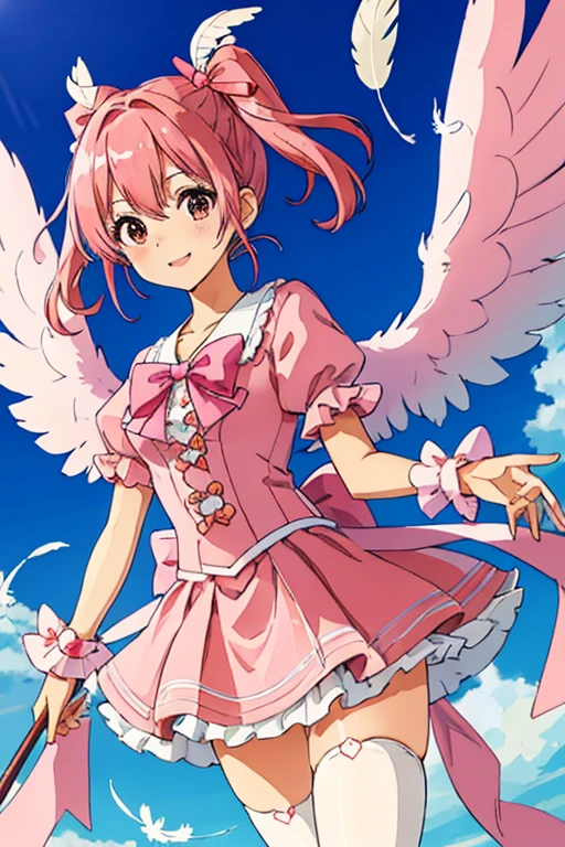 (hight resolution，ultra-detailliert)，(masutepiece，Best Quality)，Cute Magical Girl，Twin-tailed，Pink hair，Heart ribbon on the chest，cute heart shaped cane，kirakira，Flying in the sky，Flip-fluffy miniskirt，bow ribbon，Ren Hao，A lot of feathers are flying，Anime Beautiful Girl，lame，wingspan，