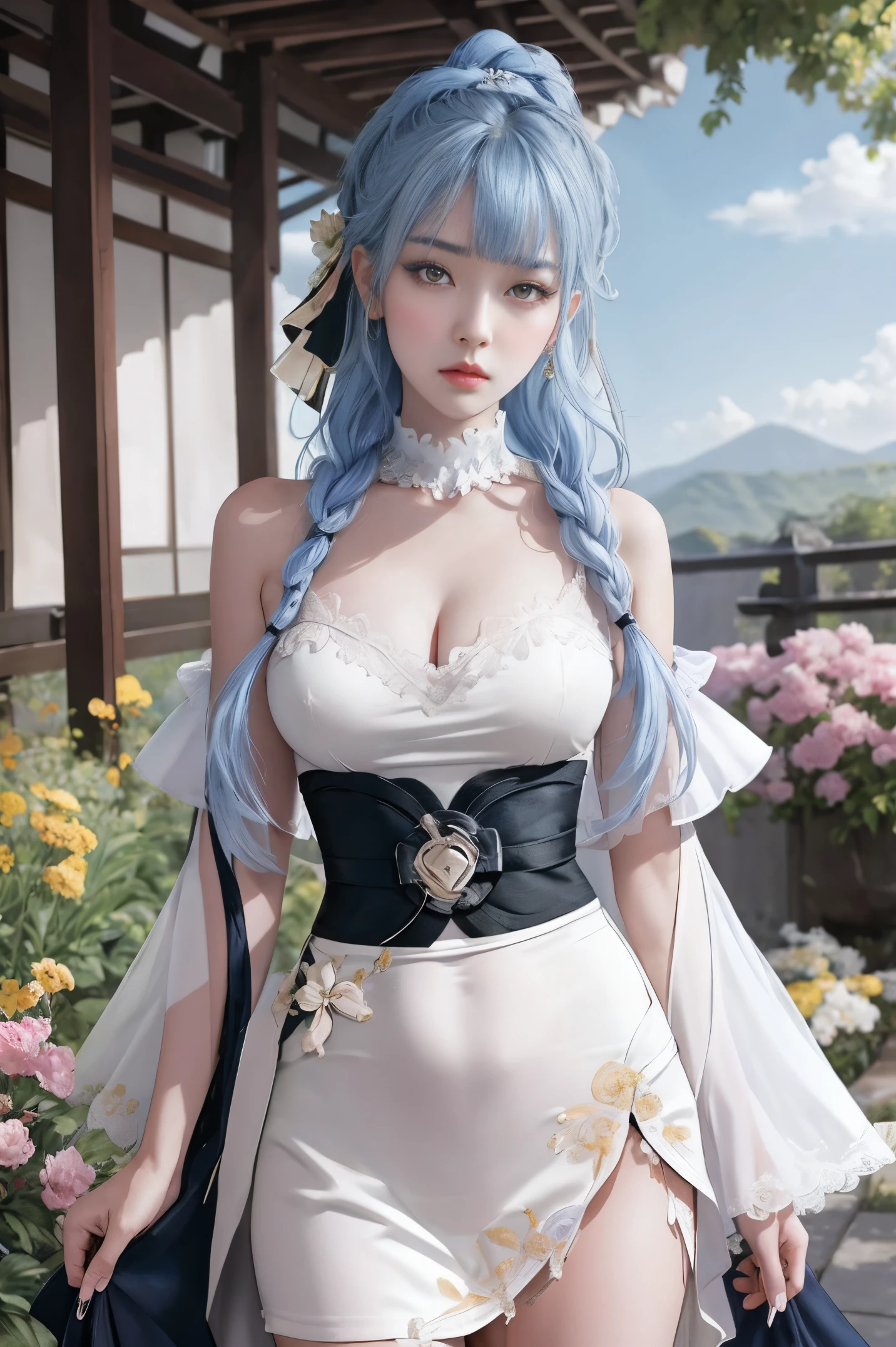 ((beautiful face)), extremely delicate facial,(best quality),(extremely detailed cg 8k wallpaper), masterpiece, an extremely del-0000((big breasts)), 1girl, solo, long hair, looking at viewer, hair ornament, dress, holding, bare shoulders, closed mouth, blue hair, yellow eyes, braid, artist name, covered navel, Kujou Sara| genshin impact, master-piece, bestquality, 1girls,25 years old, proportional body, proportional., thick wedding dress skirt, White Wedding Dress, Long skirt, Big skirt, mediuml breasts, ,bara, choker, Standing in the middle of a flower garden, outdoor, The sky is beautiful, In Japanese shrines, arm behind back, View viewers from the front., Thigh strap, Head tilt, bored, HD, A slight touch.,