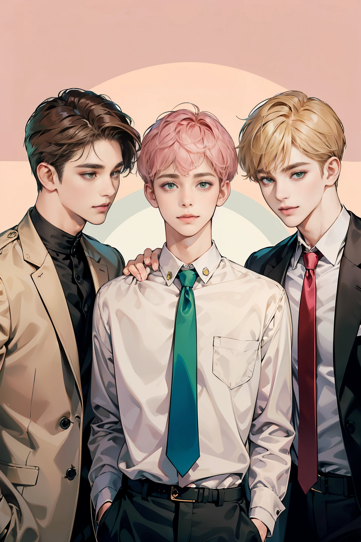 Friends, 3 boys, different hair color, short dark pink hair and brown eyes, short blonde hair and green eyes, short brown hair and brown eyes , office, side by side, suit, smile, white clothe, 25 years old