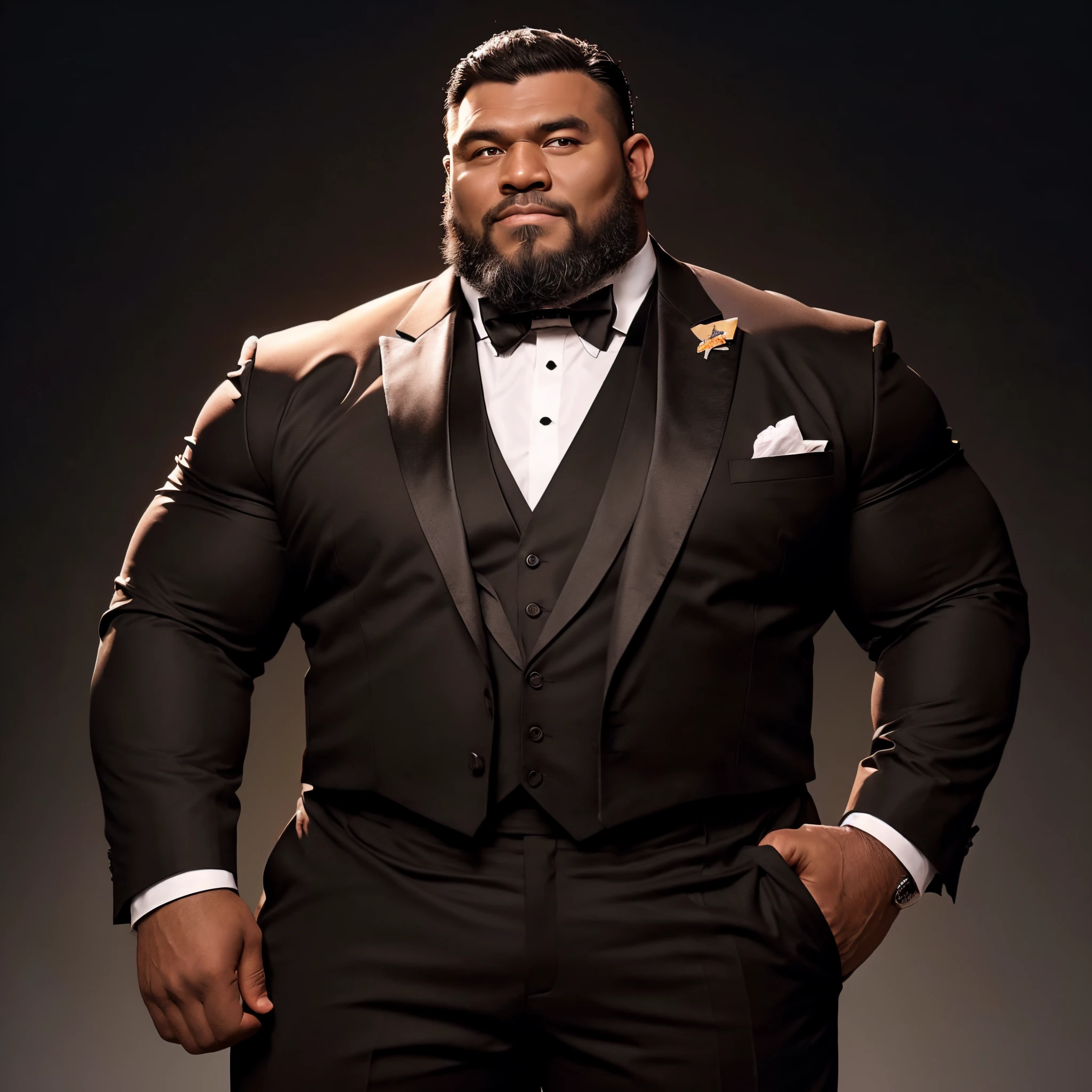 American man、Dark skin color、Big body、strong beard、Very large body、Very large muscles、wearing a black long-sleeved tuxedo、six packs、Crisp face、Muscle Pose、Detailed crotch、and draw the full body、Bald head、Plump crotch、No hair、Mouth kissing